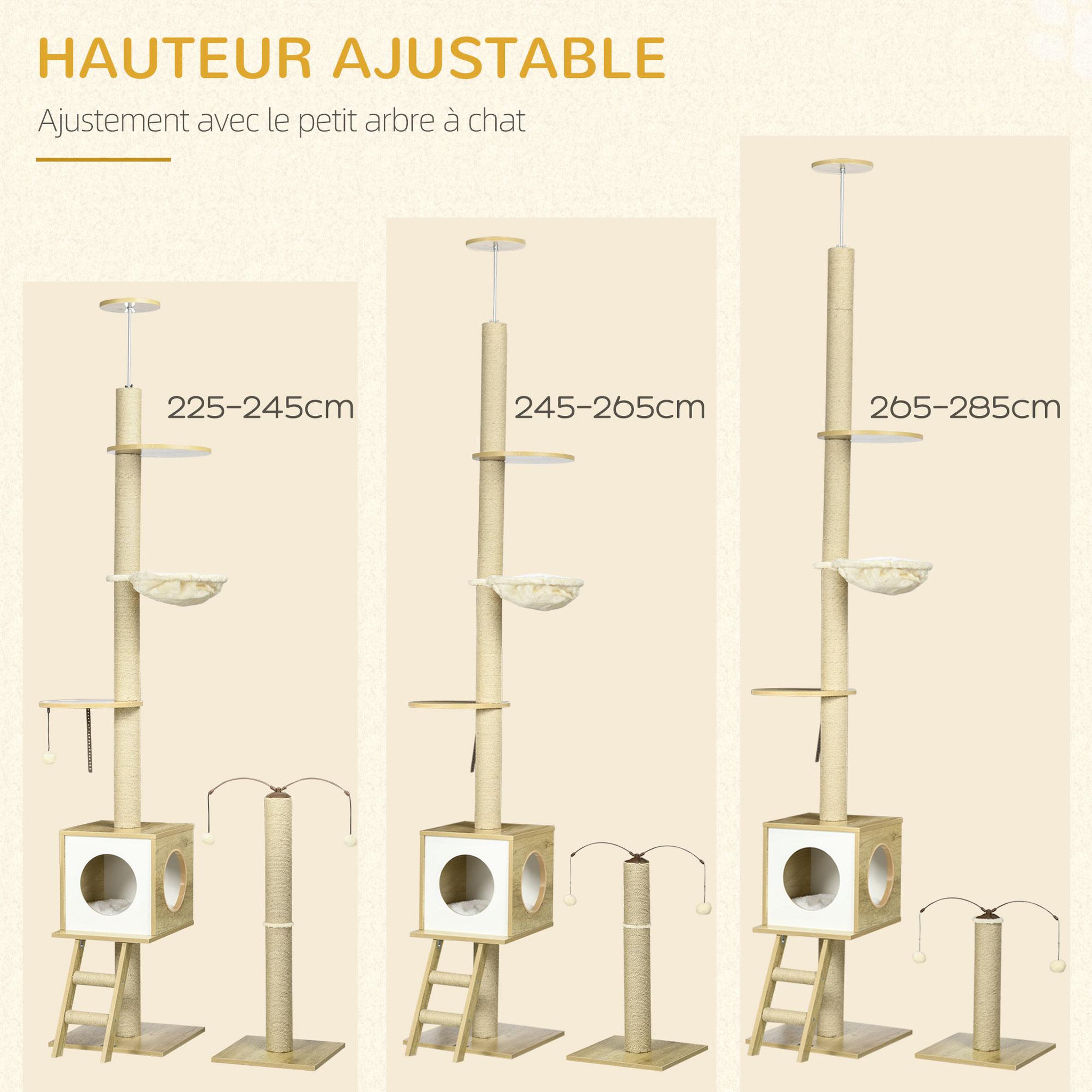 Voir la diapositive 6 : PAWHUT Arbres à chat 2 pièces style nordique - hauteur réglable 225-285h cm - multi-équipement - panneaux aspect chêne clair jute