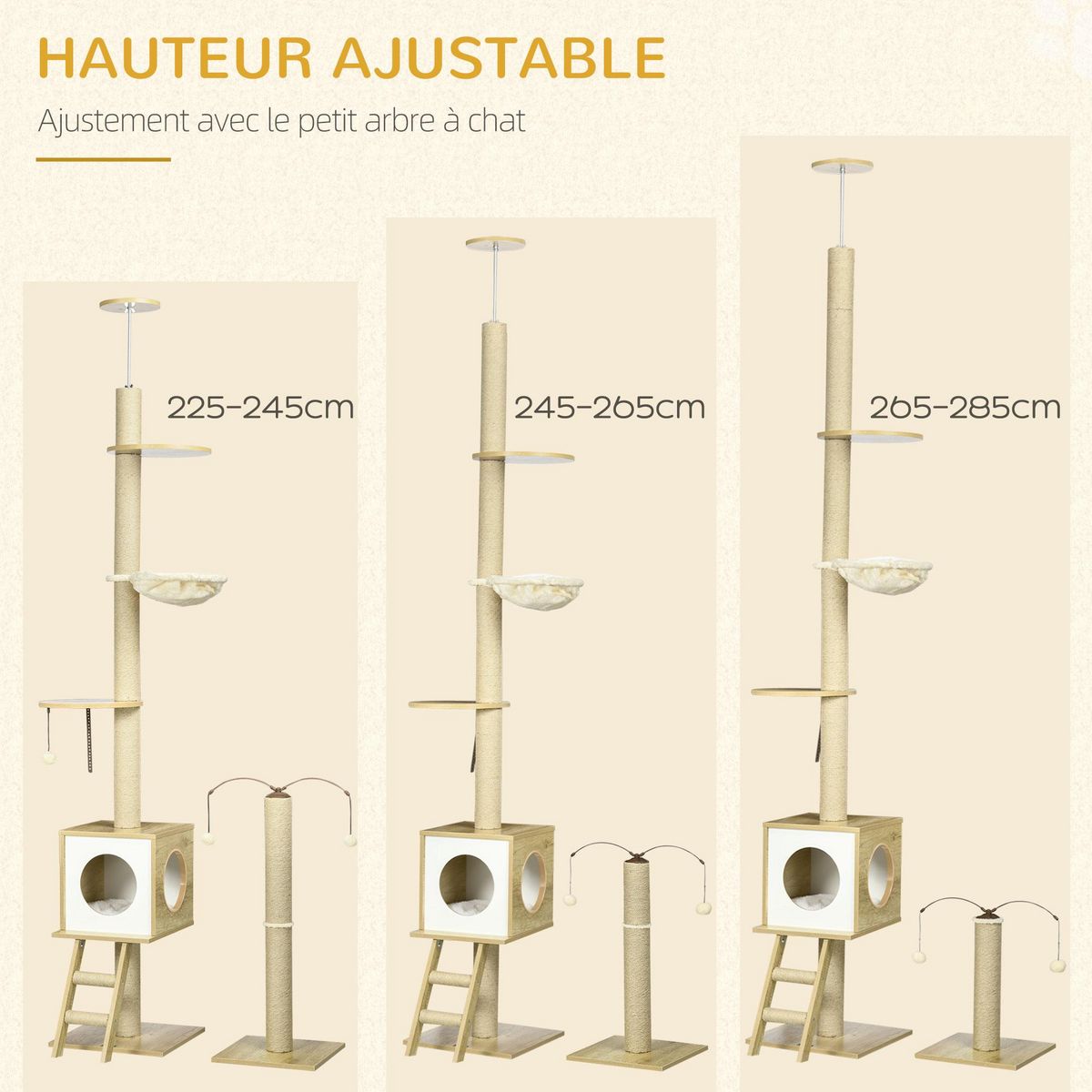 PAWHUT Arbres à chat 2 pièces style nordique - hauteur réglable 225-285H cm - multi-équipement - panneaux aspect chêne clair jute