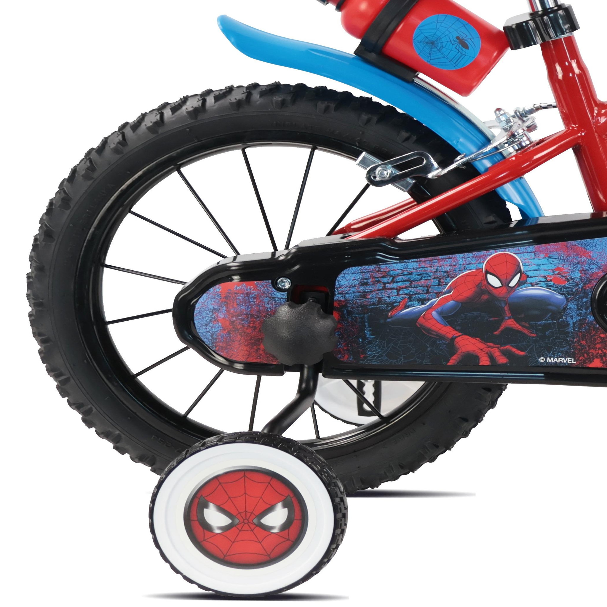Voir la diapositive 5 : Spiderman Vélo enfant 14'' SPIDERMAN (90 à 105cm) équipé de 2 freins, plaque avant décorative , bidon arrière, stabilisateurs + CASQUE INCLUS!