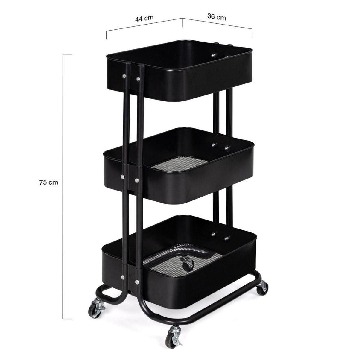 ID MARKET Chariot 3 niveaux desserte étagère de rangement à roulettes acier noir