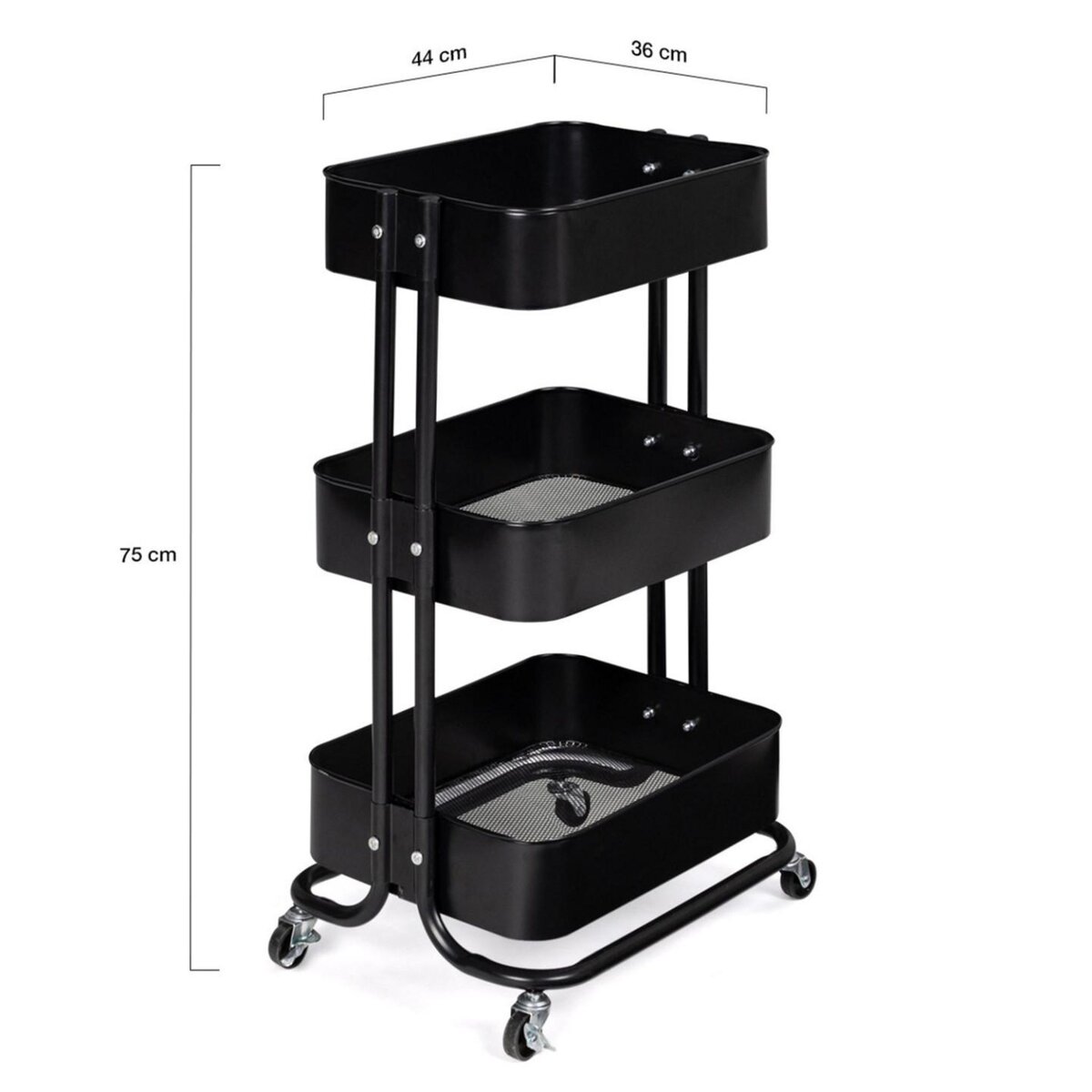ID MARKET Chariot 3 niveaux desserte étagère de rangement à roulettes acier noir