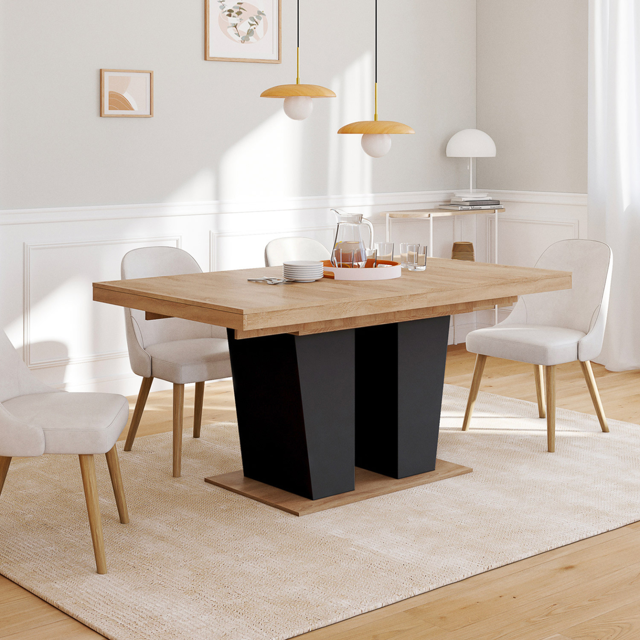 Voir la diapositive 4 : ID MARKET Table à manger extensible rectangle eliad 6-10 personnes bois et noir 160-200 cm