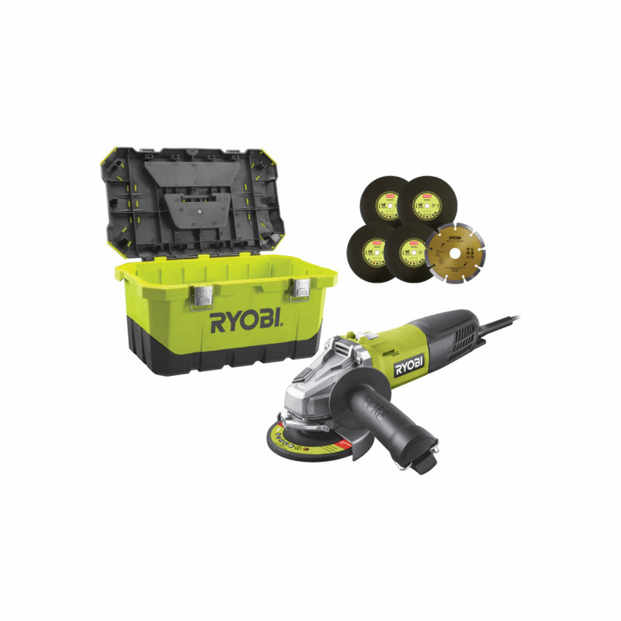 Voir la diapositive 1 : Ryobi Meuleuse d'angle RYOBI 800W 125mm - 1 disque diamant - 5 disques à ébarber - Toolbox RAG800-125TA6