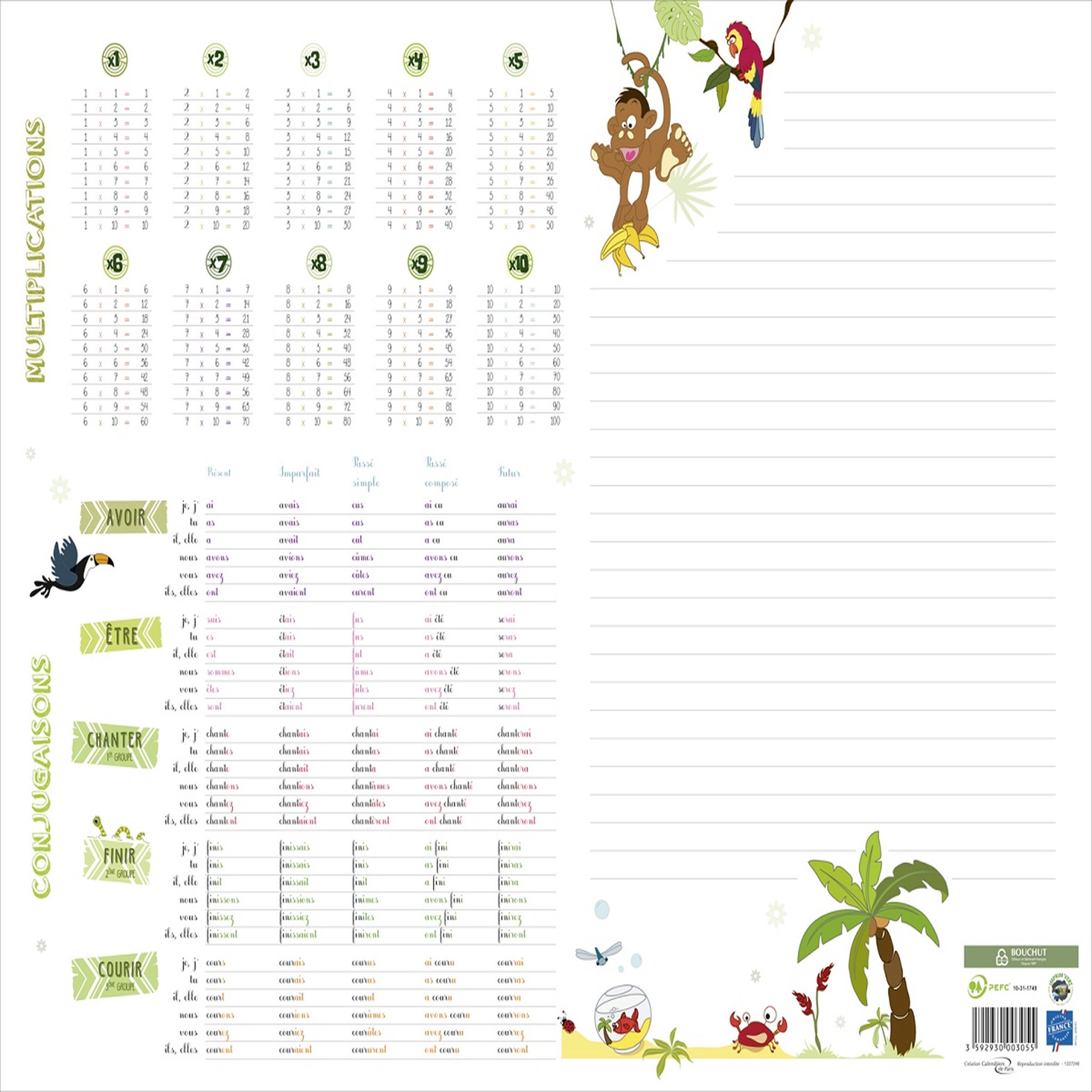 Sous-main scolaire 25 feuilles conjugaison + multiplication 