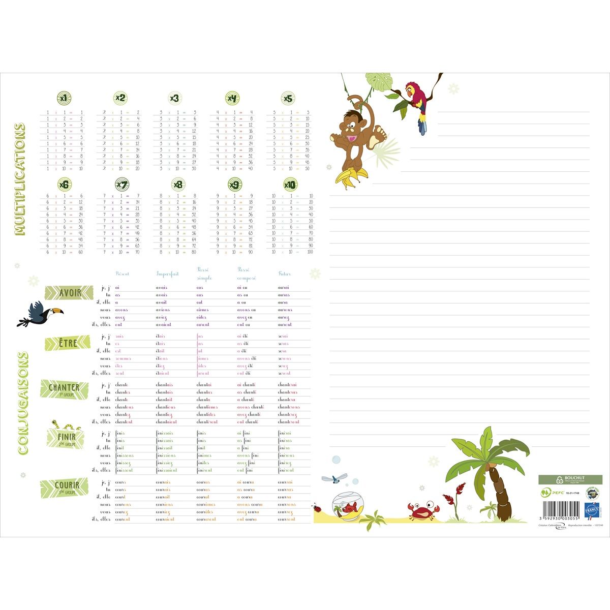 Sous-main scolaire 25 feuilles conjugaison + multiplication 