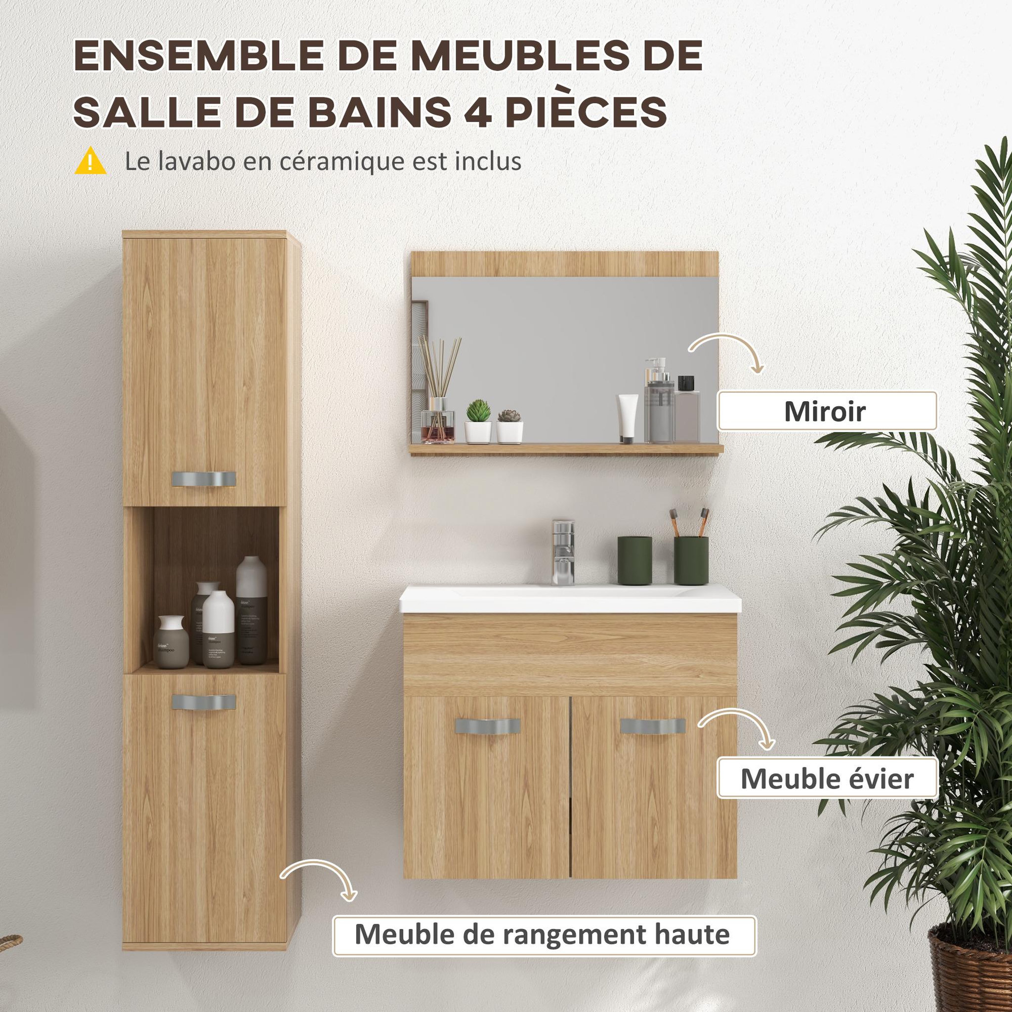 Voir la diapositive 6 : KLEANKIN Ensemble 3 meubles salle de bain avec vasque - meuble sous-vasque suspendu, miroir, meuble colonne mural - aspect chêne clair