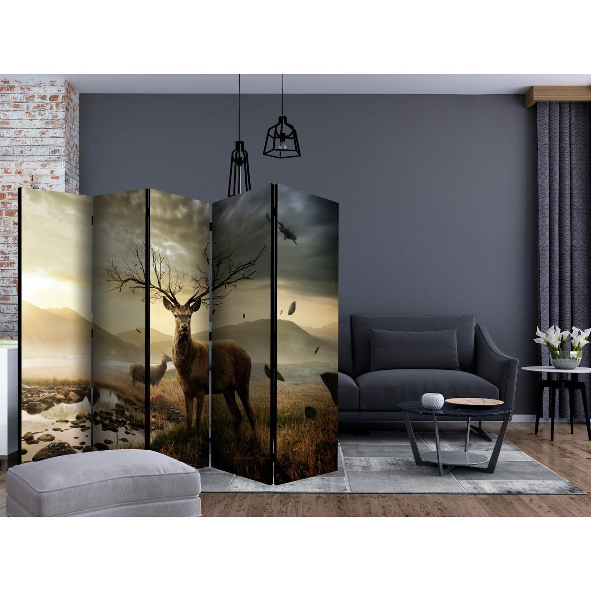 Voir la diapositive 2 : Paris Prix Paravent 5 volets  deers by mountain stream  172x225cm