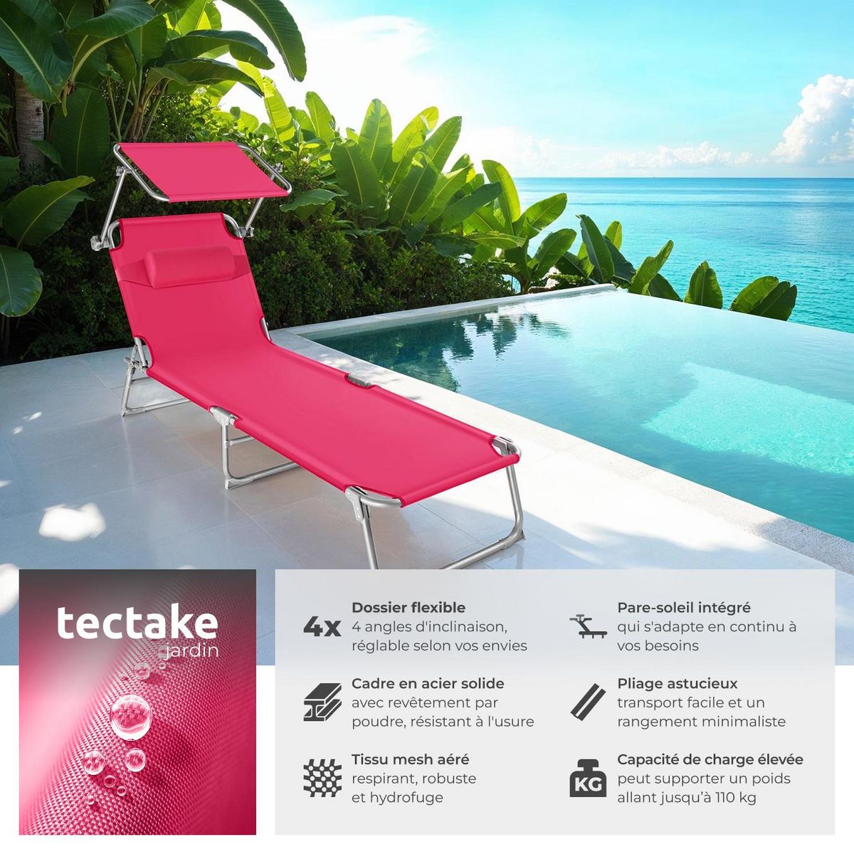 tectake Transat en acier pliable rose vif