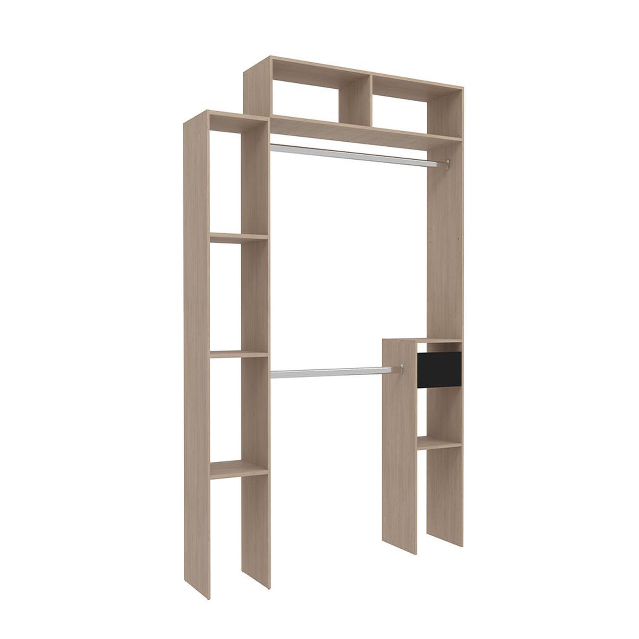 Voir la diapositive 1 : CONCEPT USINE Dressing bois extensible avec 2 penderies, 4 étagères et 1 tiroir ELYSEE