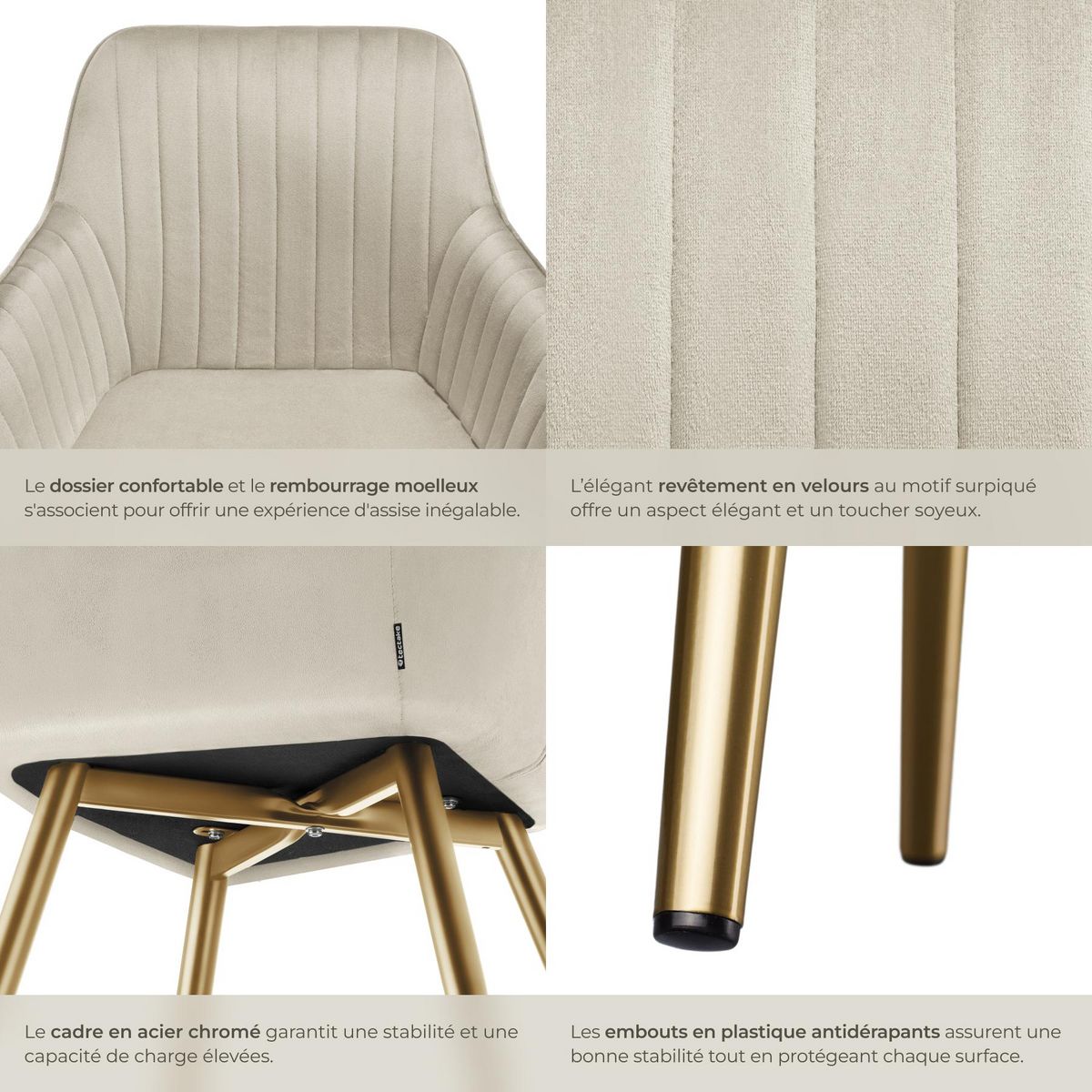 tectake Chaise de salle à manger en velours matelassé et rembourré crème/or