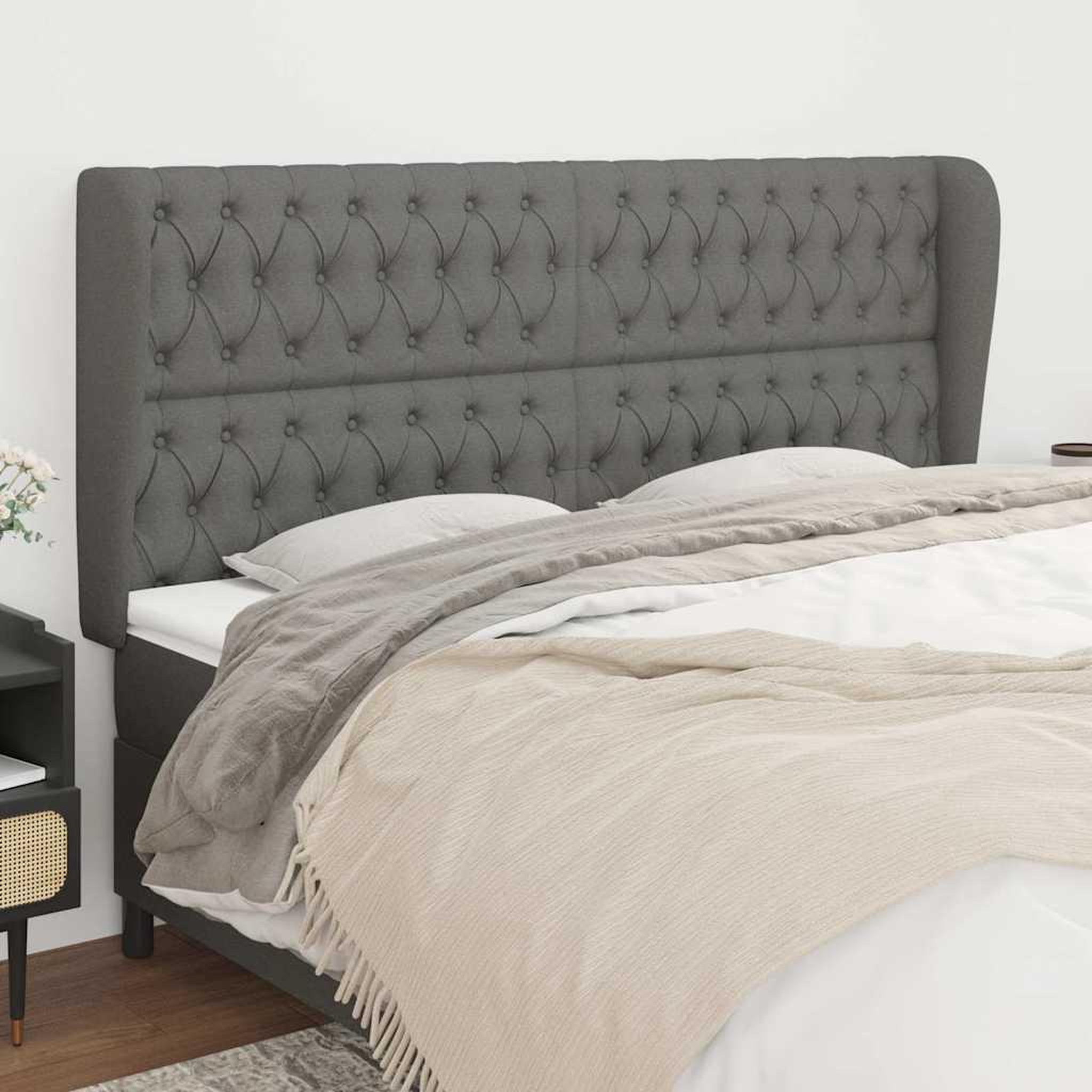 Voir la diapositive 2 : VIDAXL Tete de lit avec oreilles Gris fonce 183x23x118/128 cm Tissu