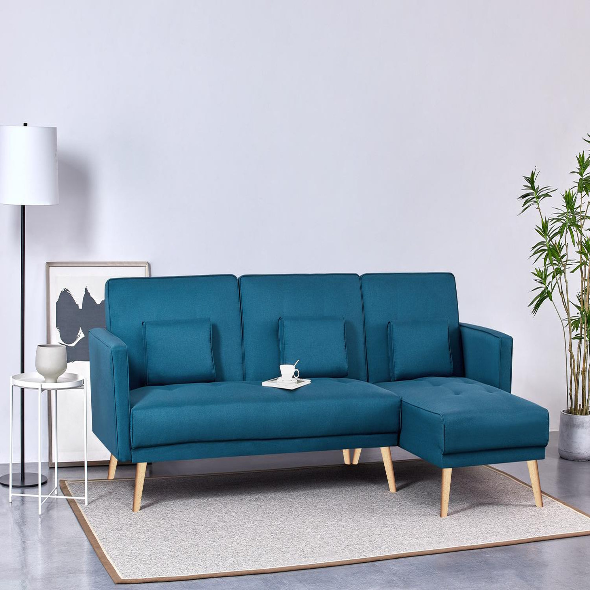 Voir la diapositive 4 : CONCEPT USINE Canapé d'angle réversible et convertible 4 places en tissu bleu canard GRACE