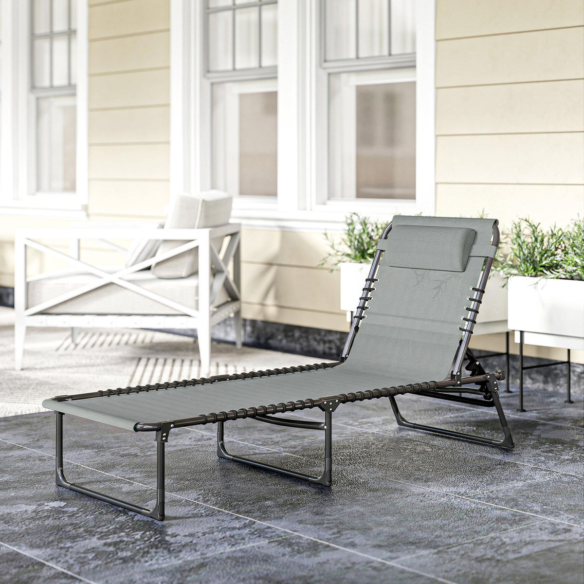 OUTSUNNY Bain de soleil transat pliable dossier inclinable multi-positions acier thermoplastique lacets élastiques noir textilène gris clair