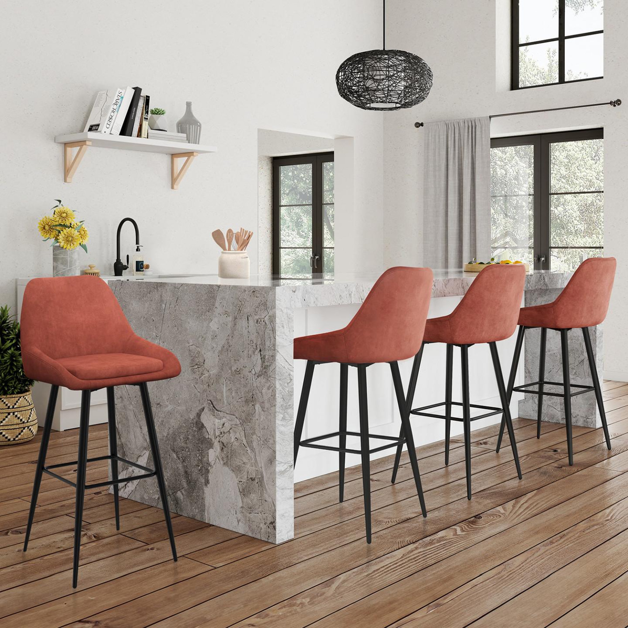 Voir la diapositive 2 : ID MARKET Lot de 4 tabourets de bar thalya en velours terracotta avec demi-accoudoirs