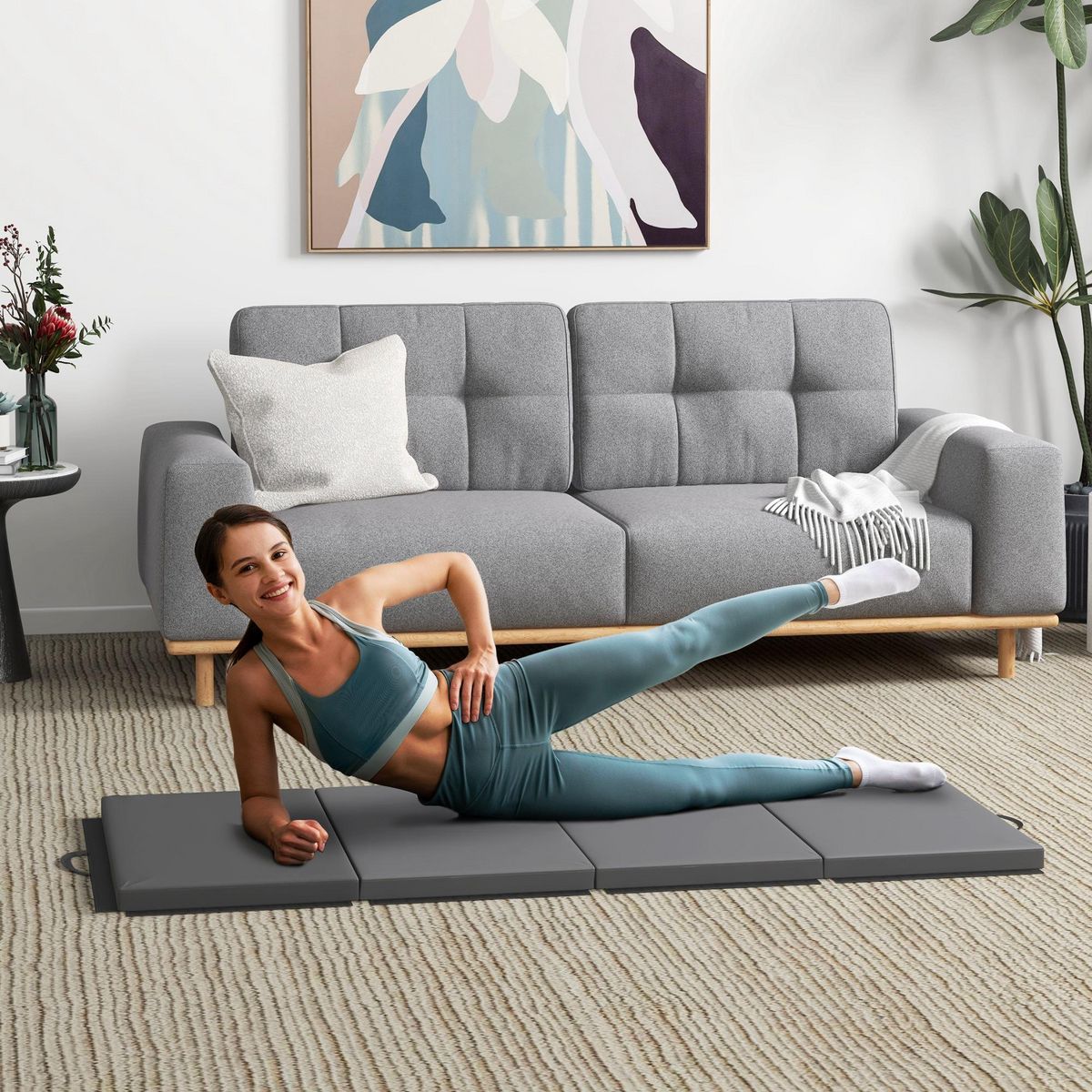 HOMCOM Tapis de gym yoga fitness pliable - poignée - revêtement synthétique - gris