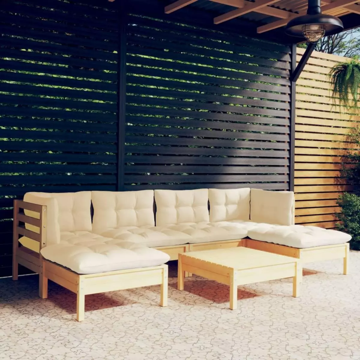 VIDAXL Salon de jardin 7 pcs avec coussins creme bois de pin