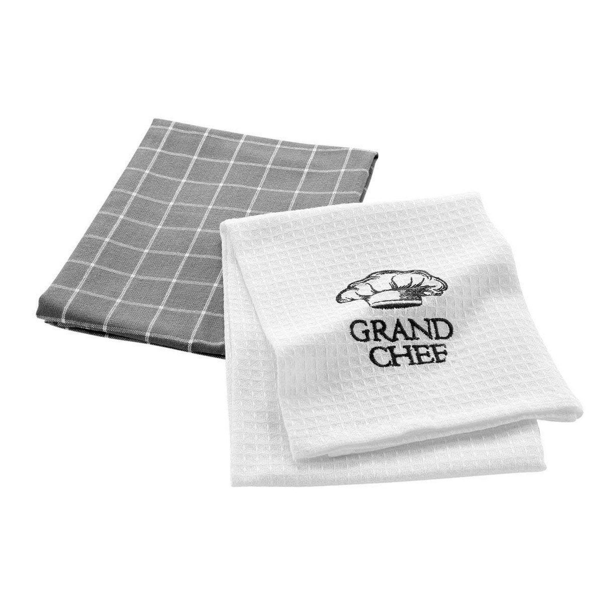 Douceur d'Intérieur Lot de 2 torchons de cuisine  grand chef  50x70cm blanc & gris