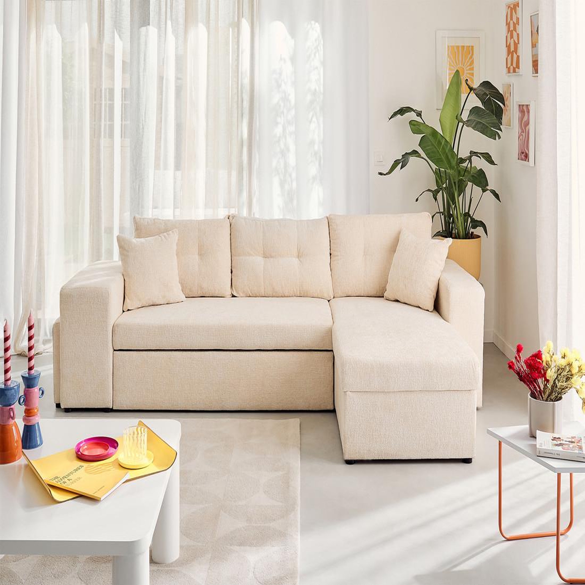 BEST MOBILIER California - canapé d'angle réversible 4 places - convertible avec coffre, étagère et poufs - en velours texturé. Coloris disponibles : Beige, Vert, Orange, Bleu, Gris, Violet