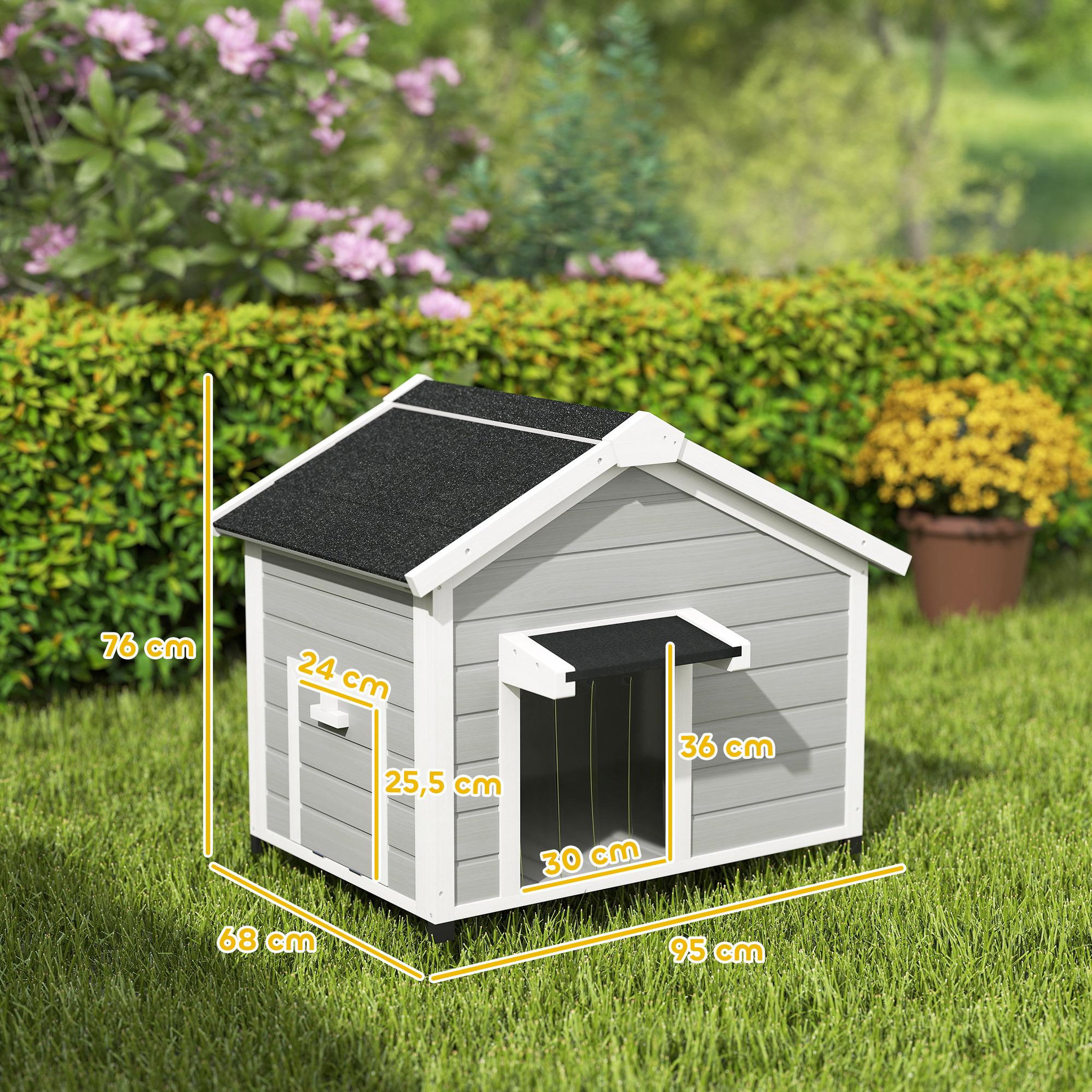 Voir la diapositive 3 : PAWHUT Niche chien sur pied design cottage - toit bitumé ouvrant, 2 portes, rideau à lanières - bois blanc gris