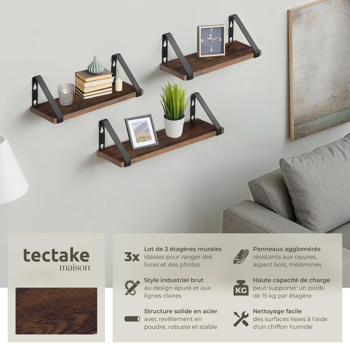 tectake Lot de 3 étagères murales design style industriel Bois foncé industriel, rustique