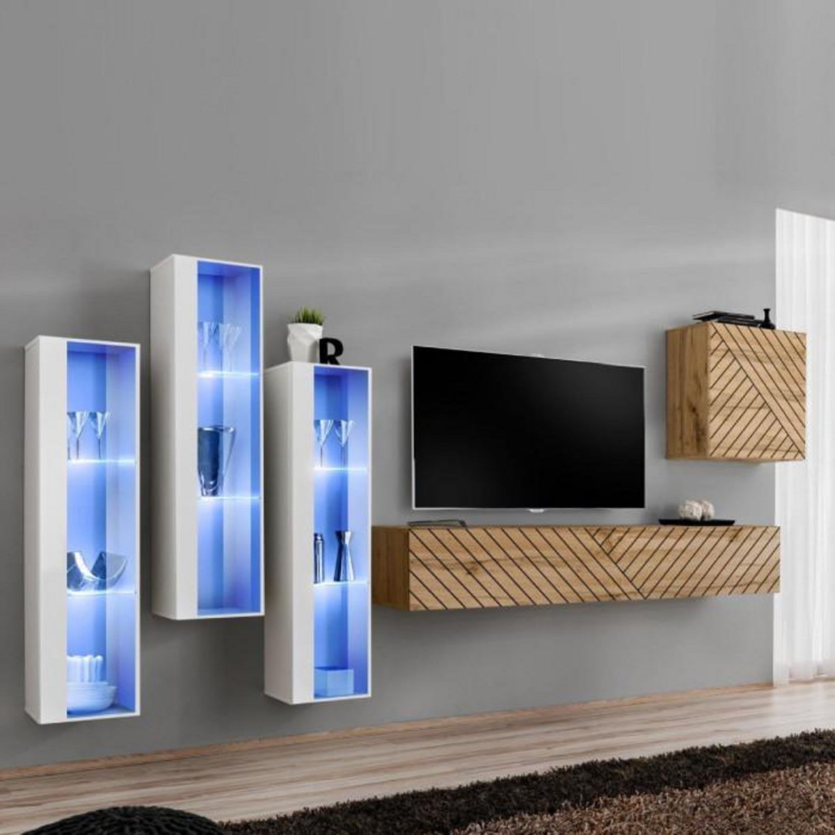 Paris Prix Ensemble Meuble TV  Switch Lamel XIII  330cm Naturel & Blanc