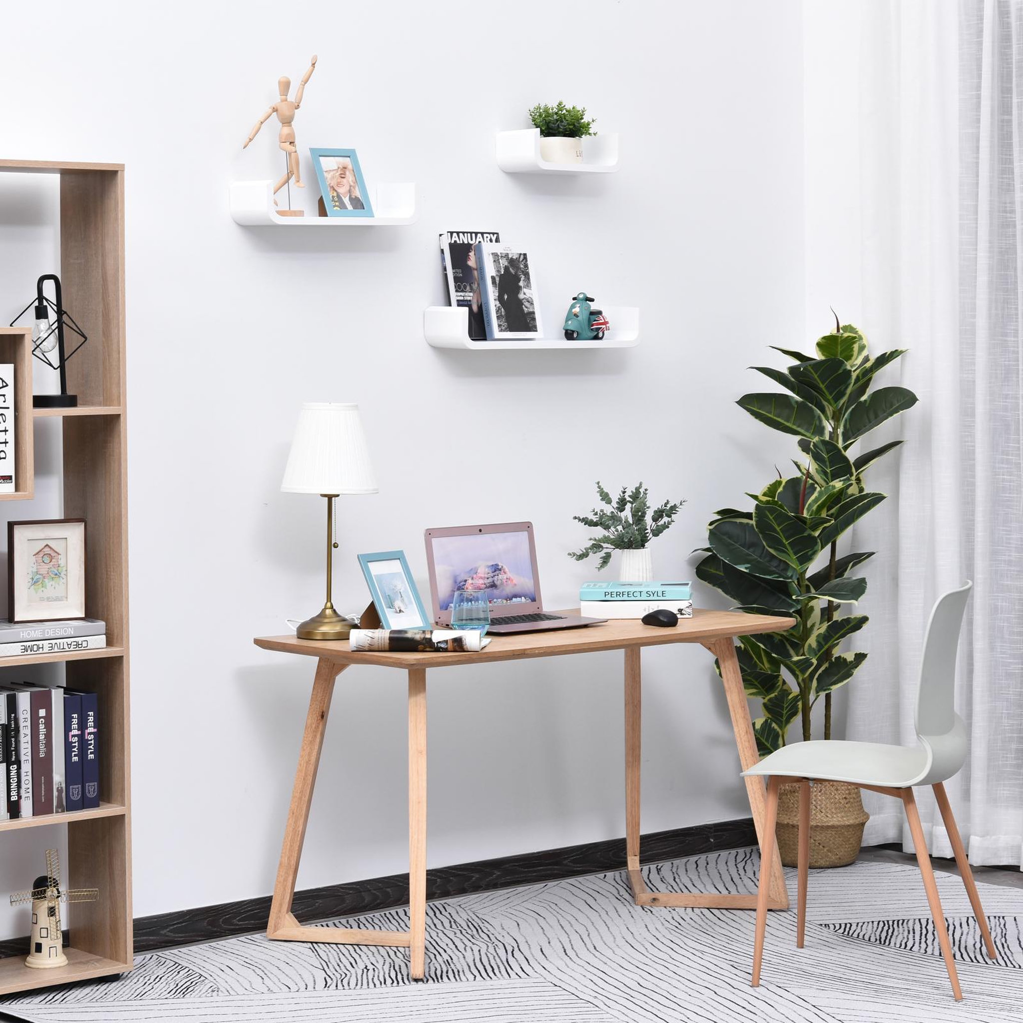 Voir la diapositive 2 : HOMCOM Lot de 3 étagères murales flottantes - design contemporain courbé - kit fixation inclus - MDF blanc