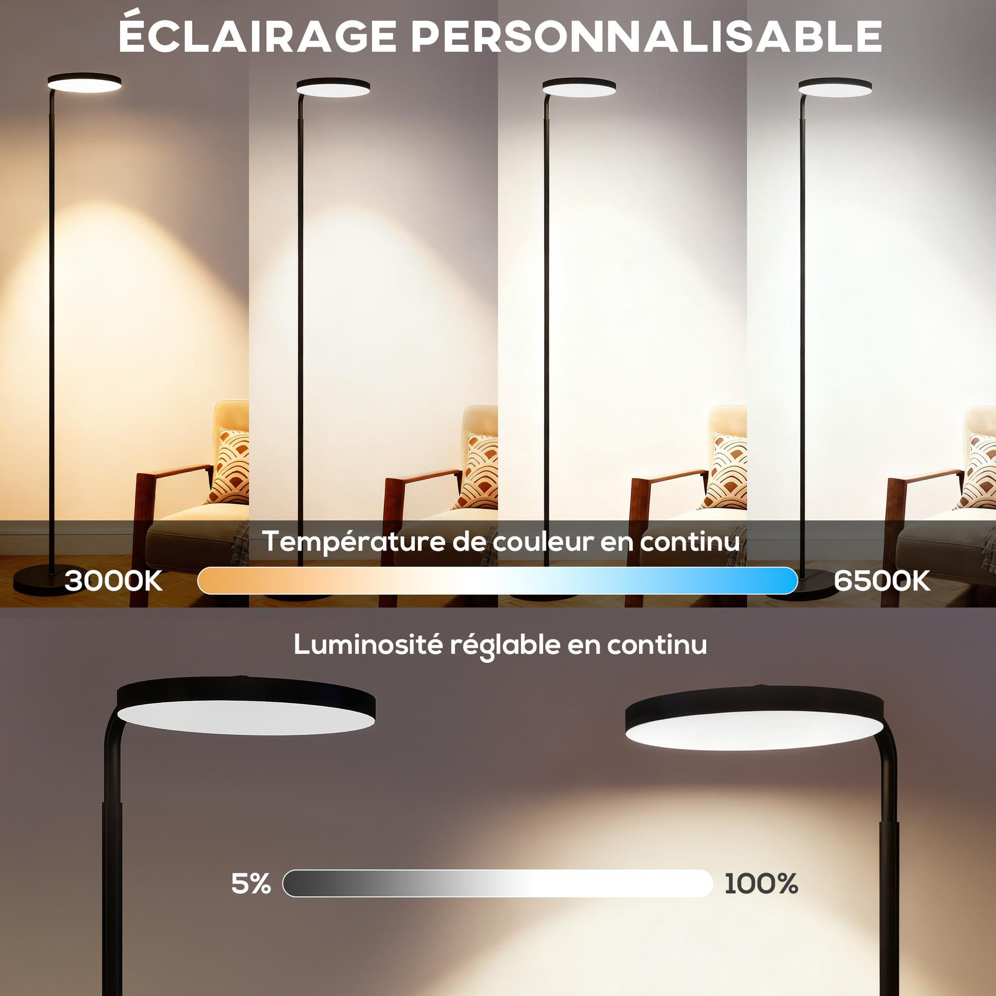 Voir la diapositive 5 : HOMCOM Lampadaire led sur pied - tête rotative 350° - réglable télécommande métal noir