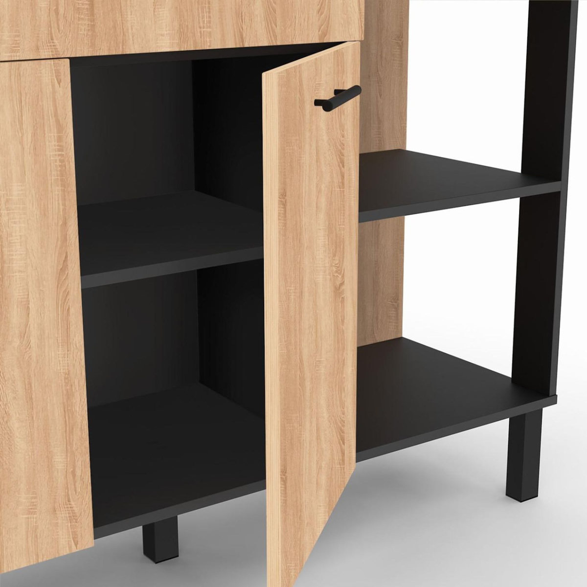 ID MARKET Buffet bas de cuisine 120 cm CINA plan de travail H.83 cm 2 portes + tiroir noir et façon hêtre