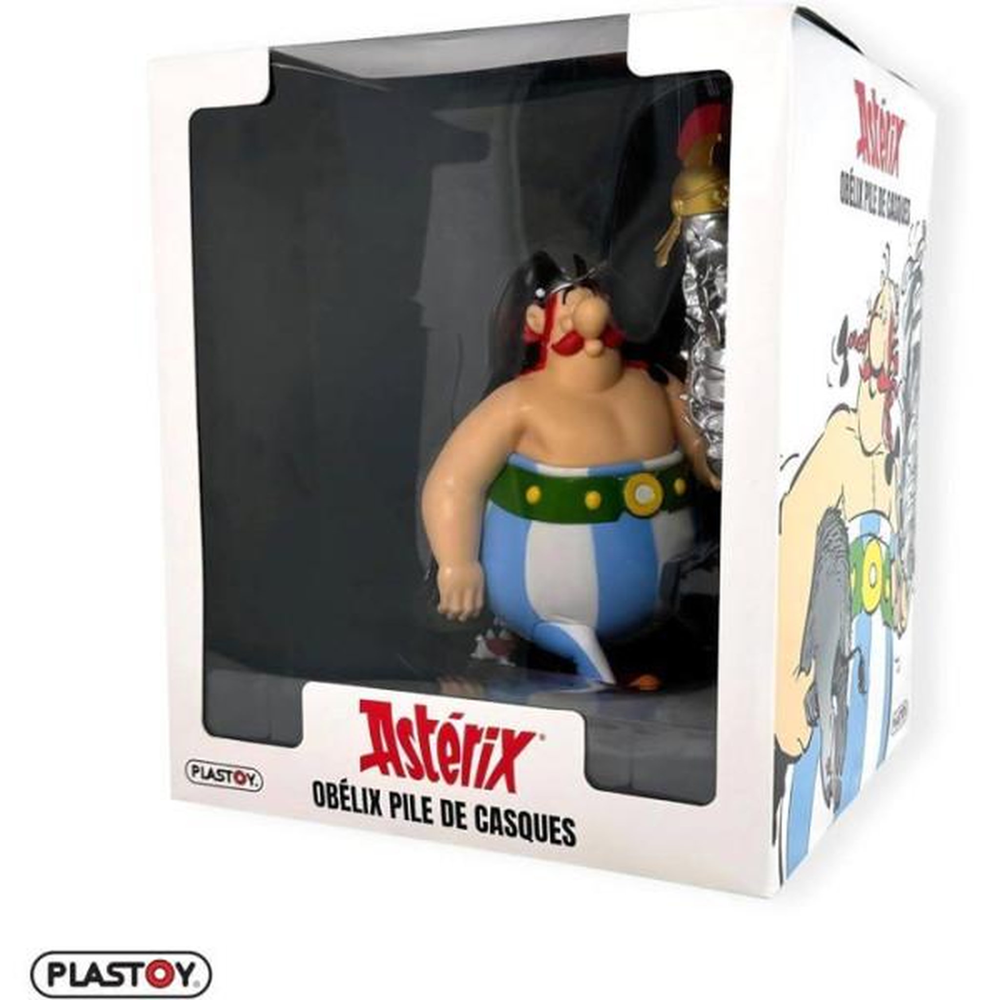 Plastoy Figurine - plastoy - astérix obélix avec pile de casques et idéfix xl - plastique - 22 cm