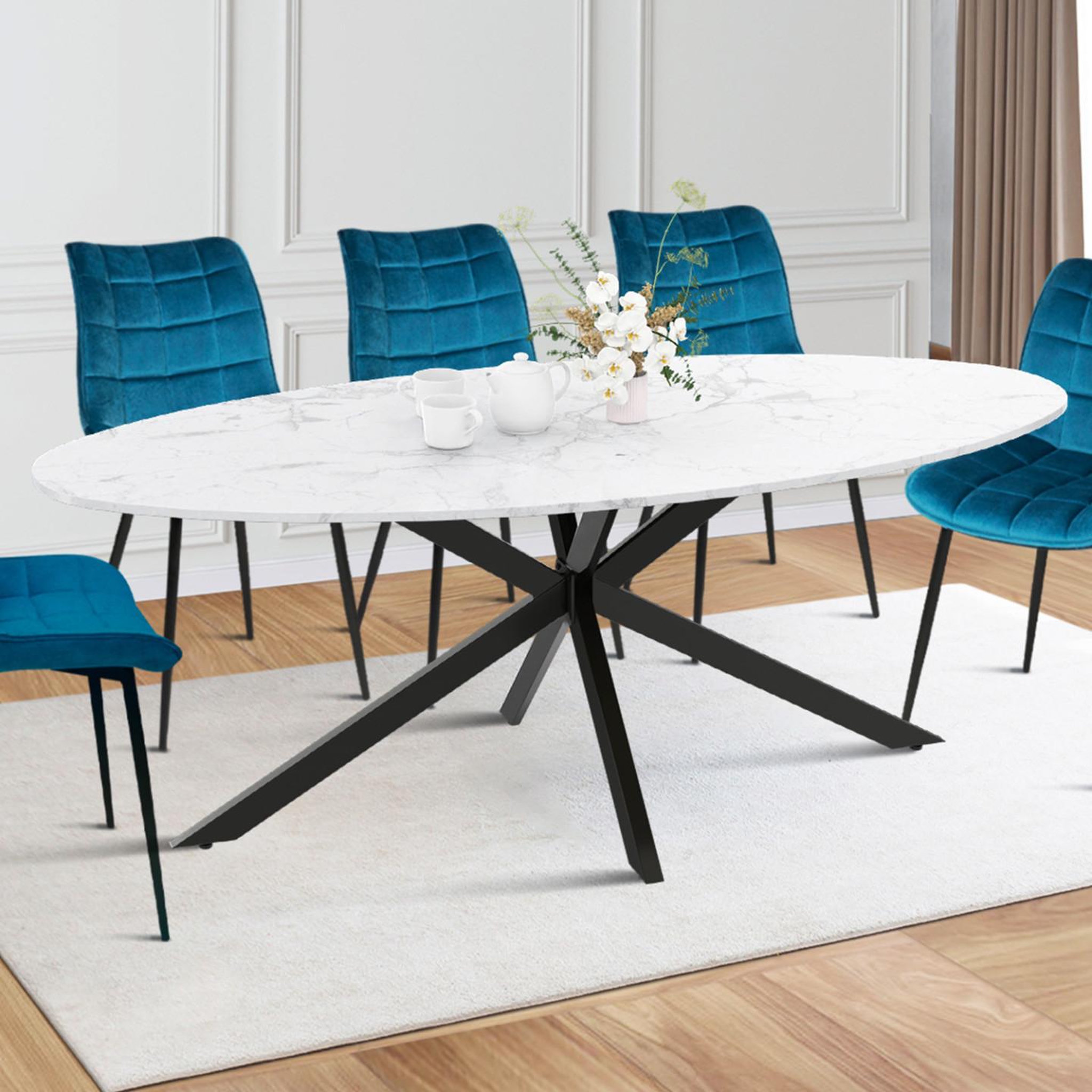 Voir la diapositive 2 : ID MARKET Table à manger ovale alix 10 personnes pied araignée noir et plateau effet marbre blanc alaska 200 cm