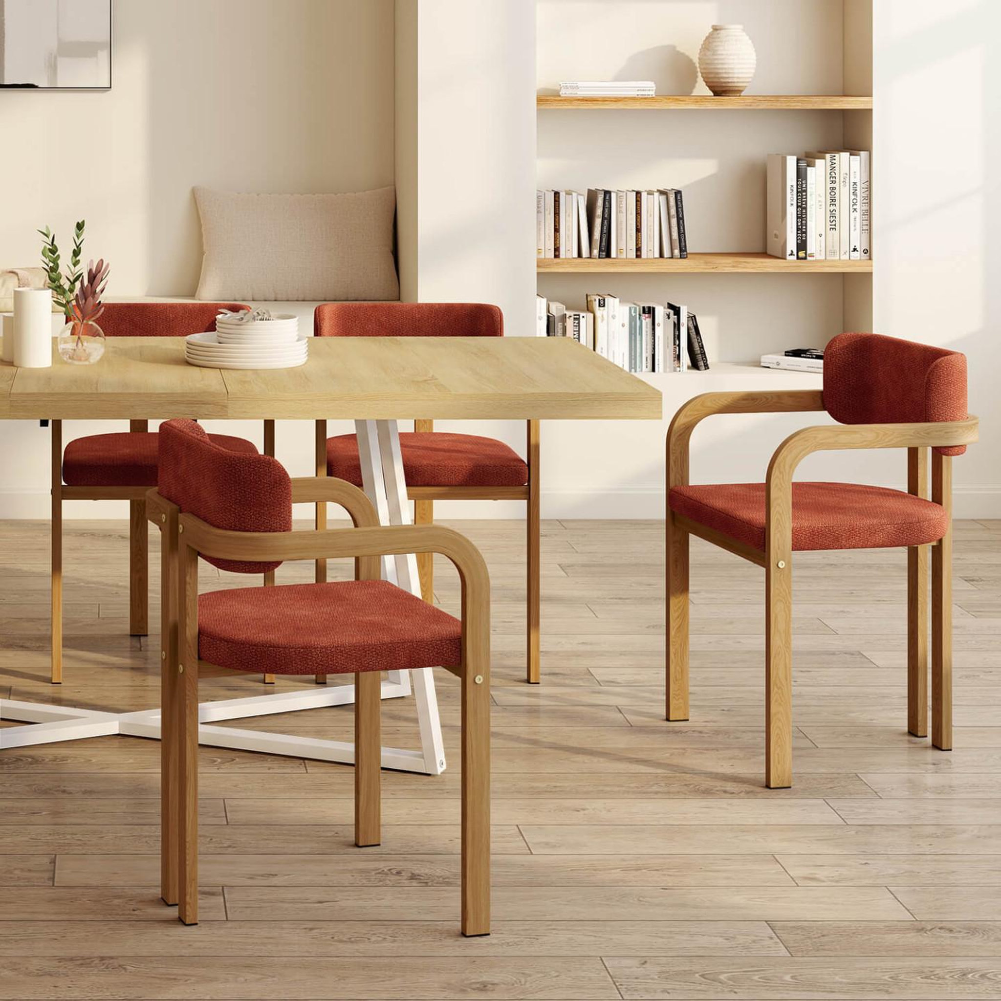 Voir la diapositive 2 : ID MARKET Lot de 4 chaises de salle à manger, fauteuils de table esma en métal effet bois et tissu chenille terracotta avec accoudoirs