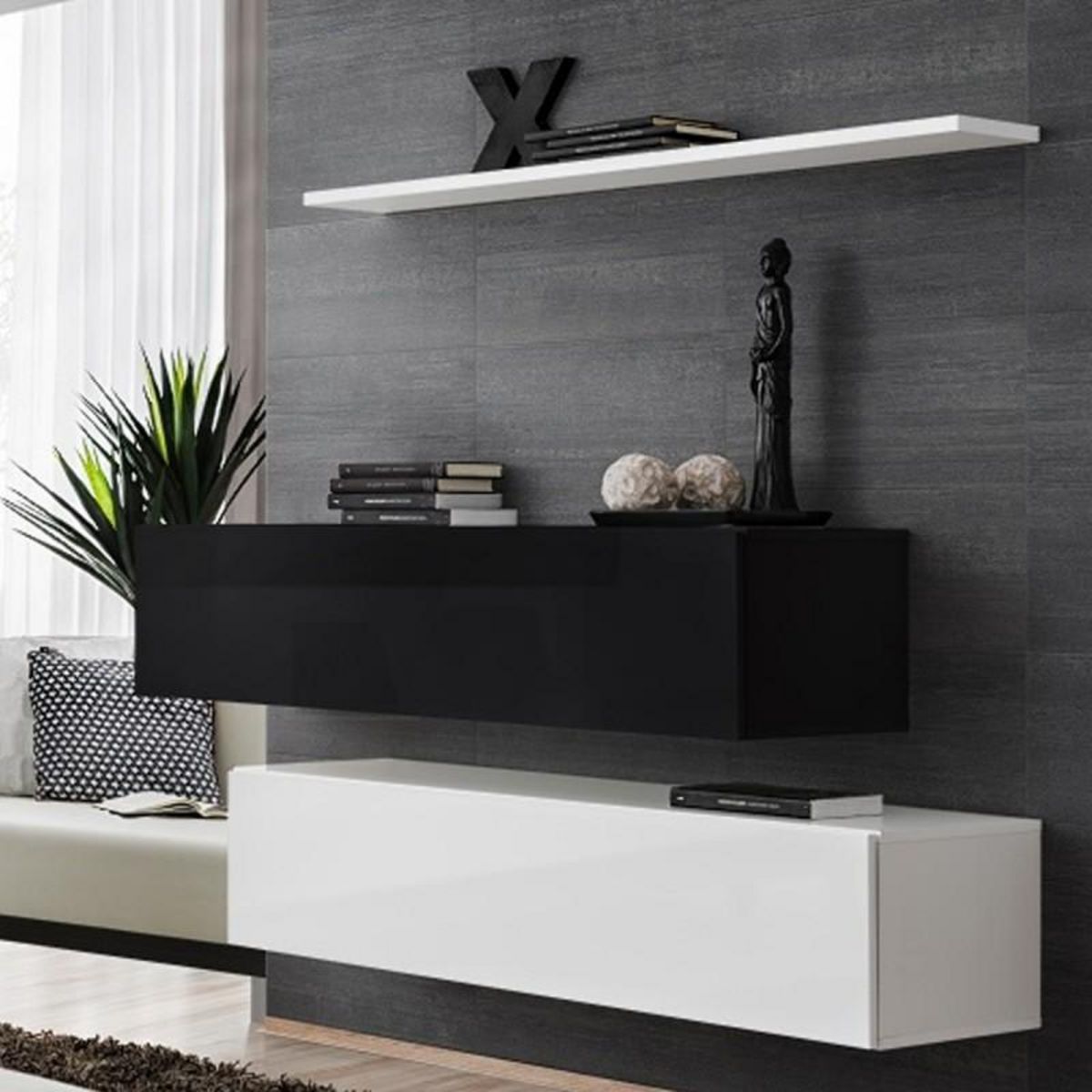Paris Prix Lot de 2 Bancs Muraux & Étagère  Switch SBII  130cm Noir & Blanc