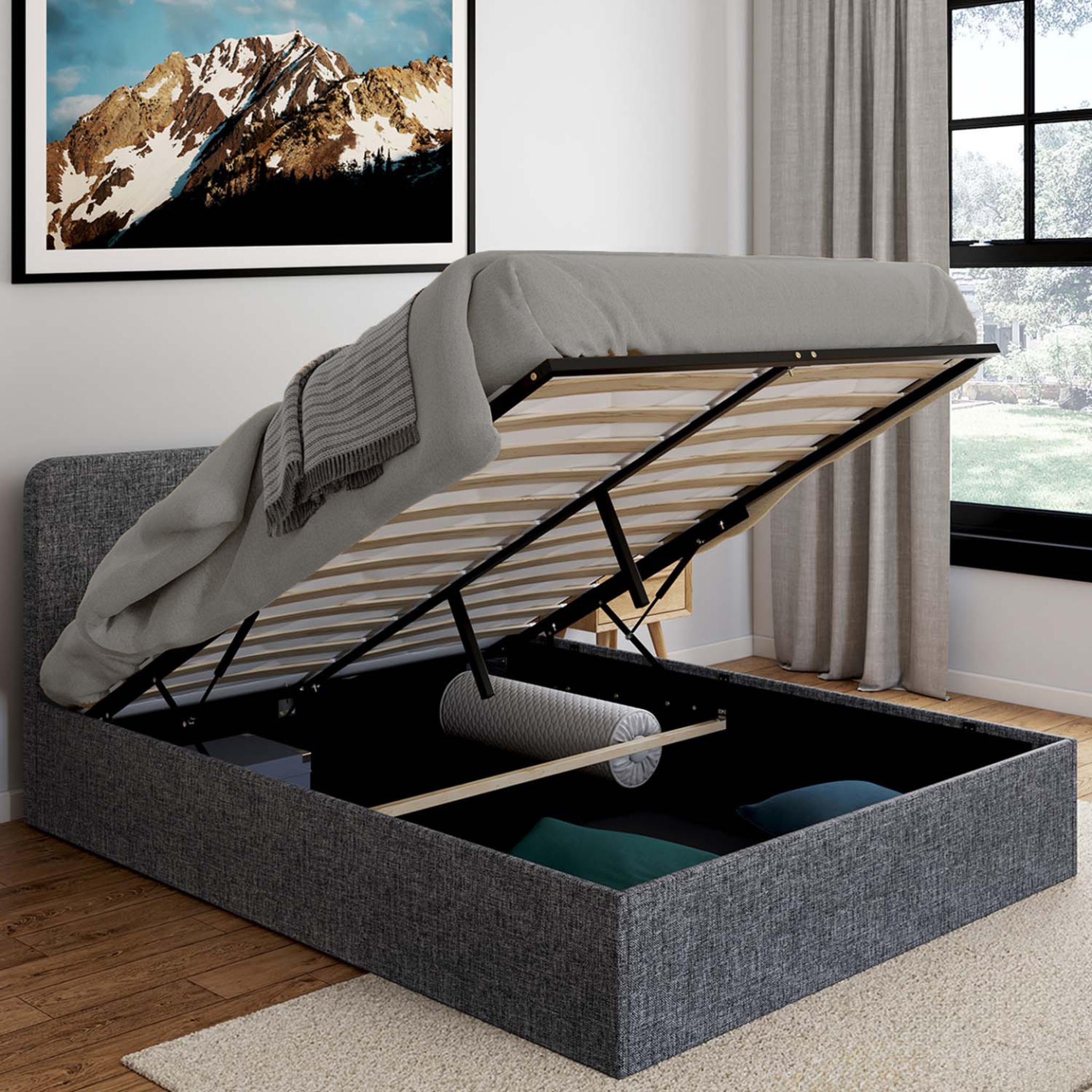 Voir la diapositive 2 : ID MARKET Lit coffre double norfolk avec tête de lit et sommier 140 x 190 cm tissu gris anthracite