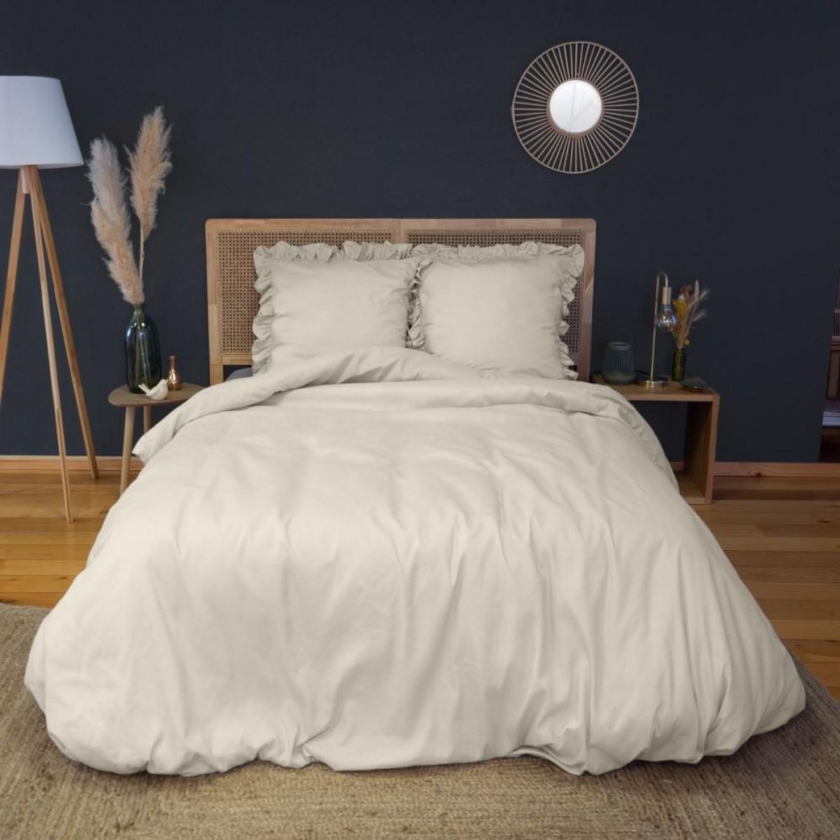 COTE DECO Housse de couette 260x240 FALBALA beige + 2 taies à volants