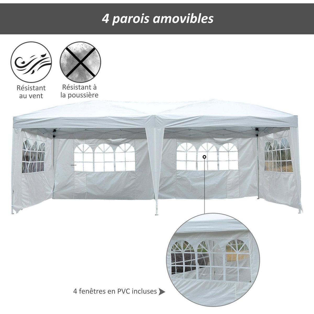HOMCOM Tonnelle pliante - tente de réception - 3 x 6 m - pavillon chapiteau barnum - 3 cotés démontables - piquets d'ancrage au sol + sac de transport inclus blanc