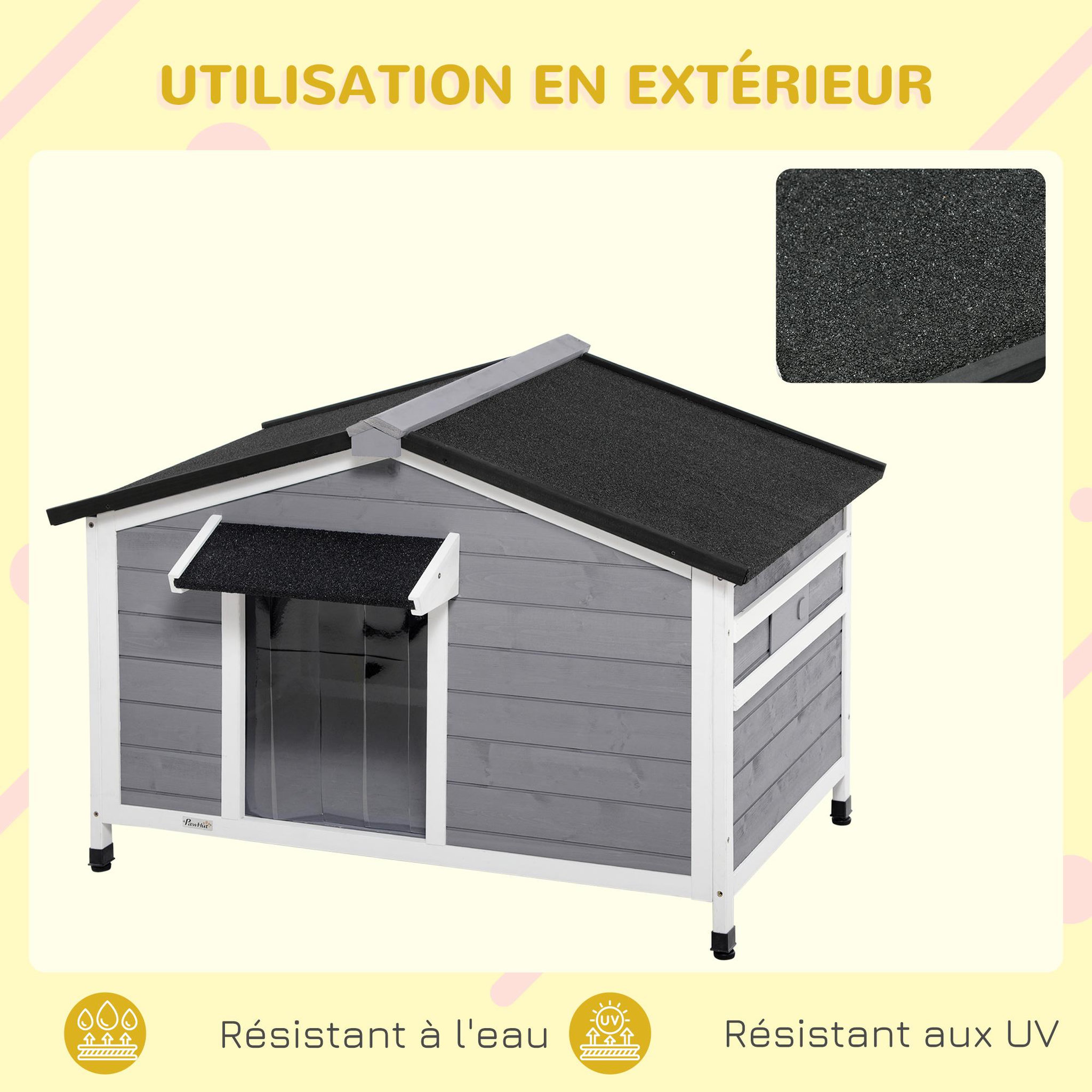Voir la diapositive 6 : PAWHUT Niche chien style cottage - 2 fenêtres, porte, toit ouvrant bitumé - bois sapin gris