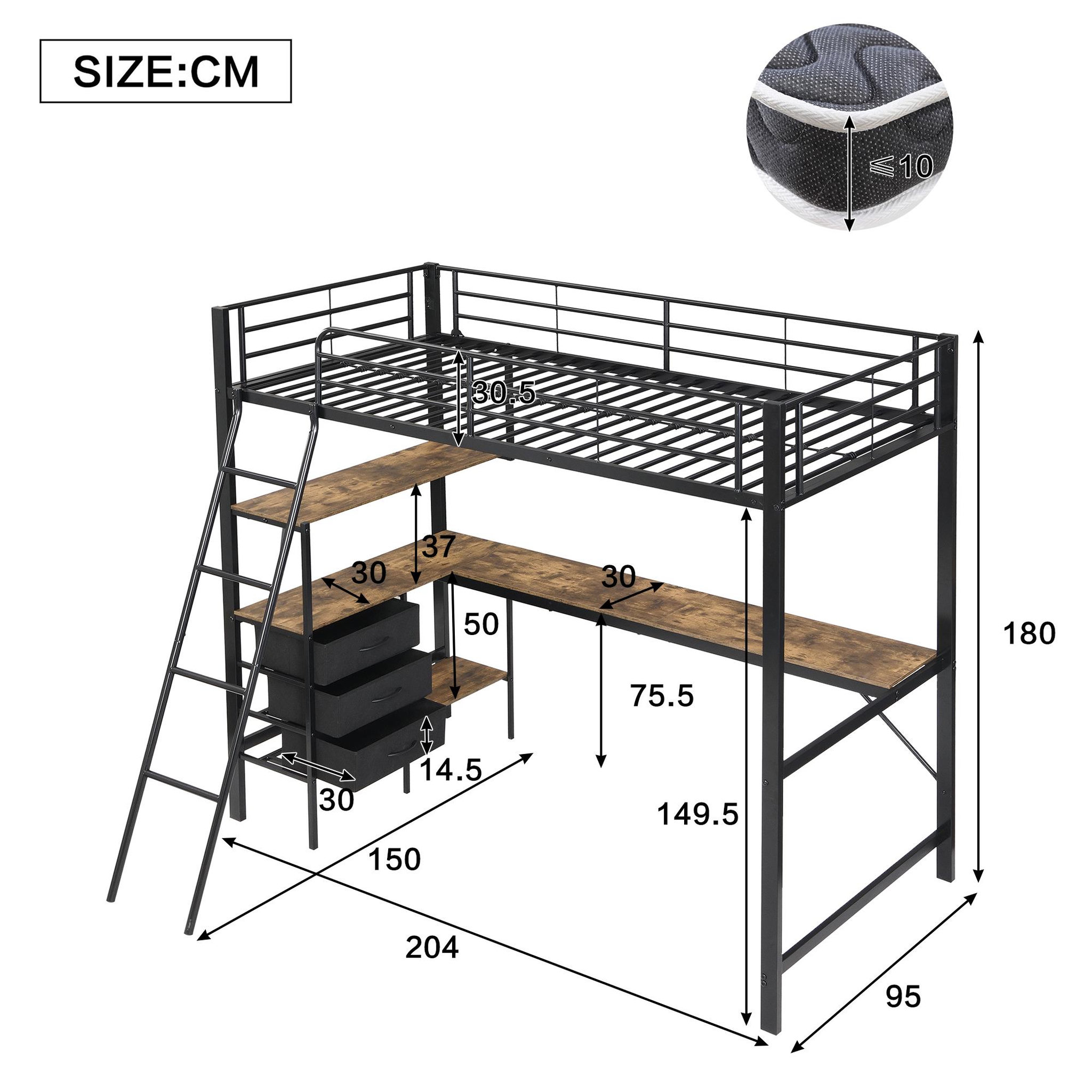 Voir la diapositive 3 : MERAX Lit mezzanine 90x200cm métal et bois coloris noir