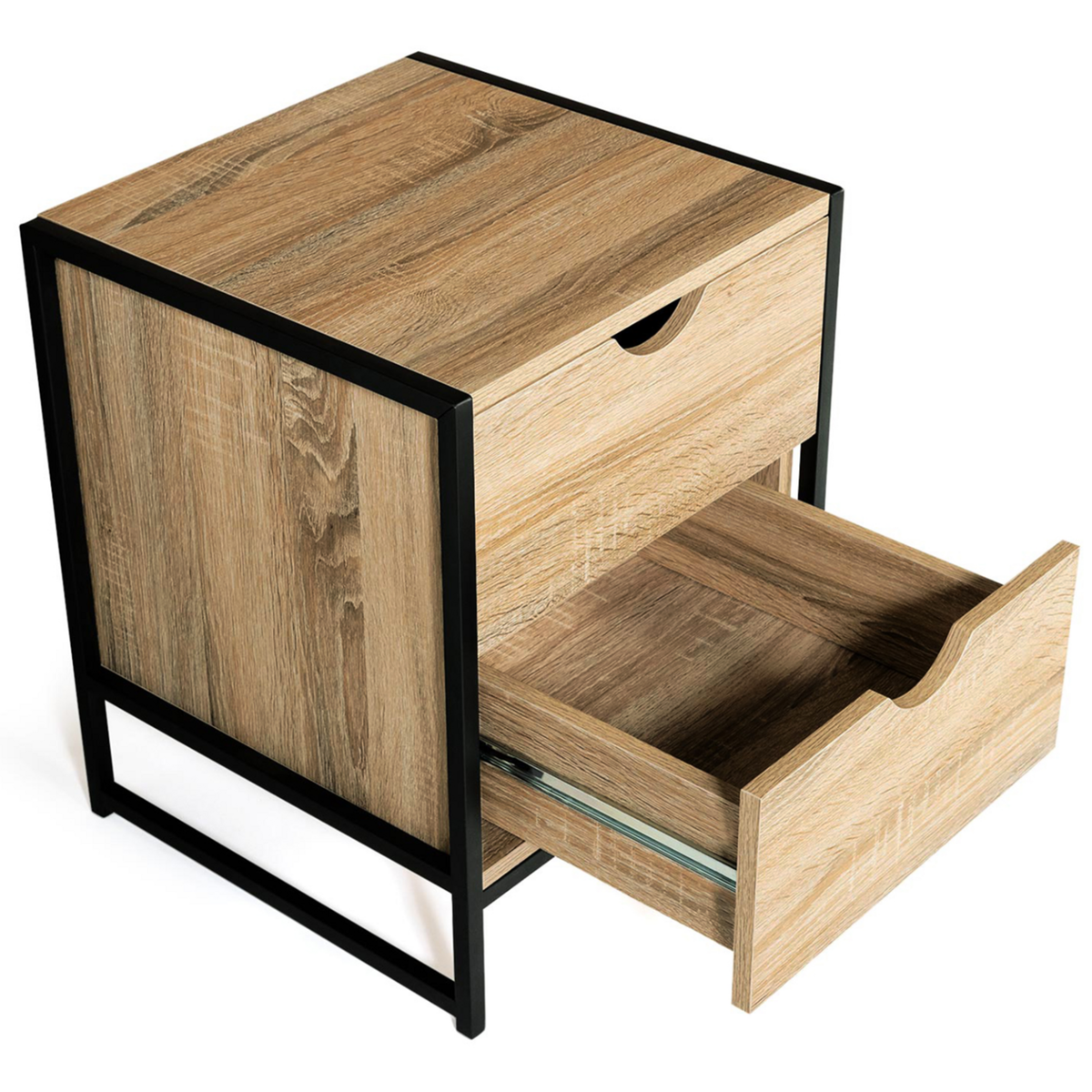 ID MARKET Lot de 2 tables de chevet DETROIT 2 tiroirs bois et métal noir design industriel