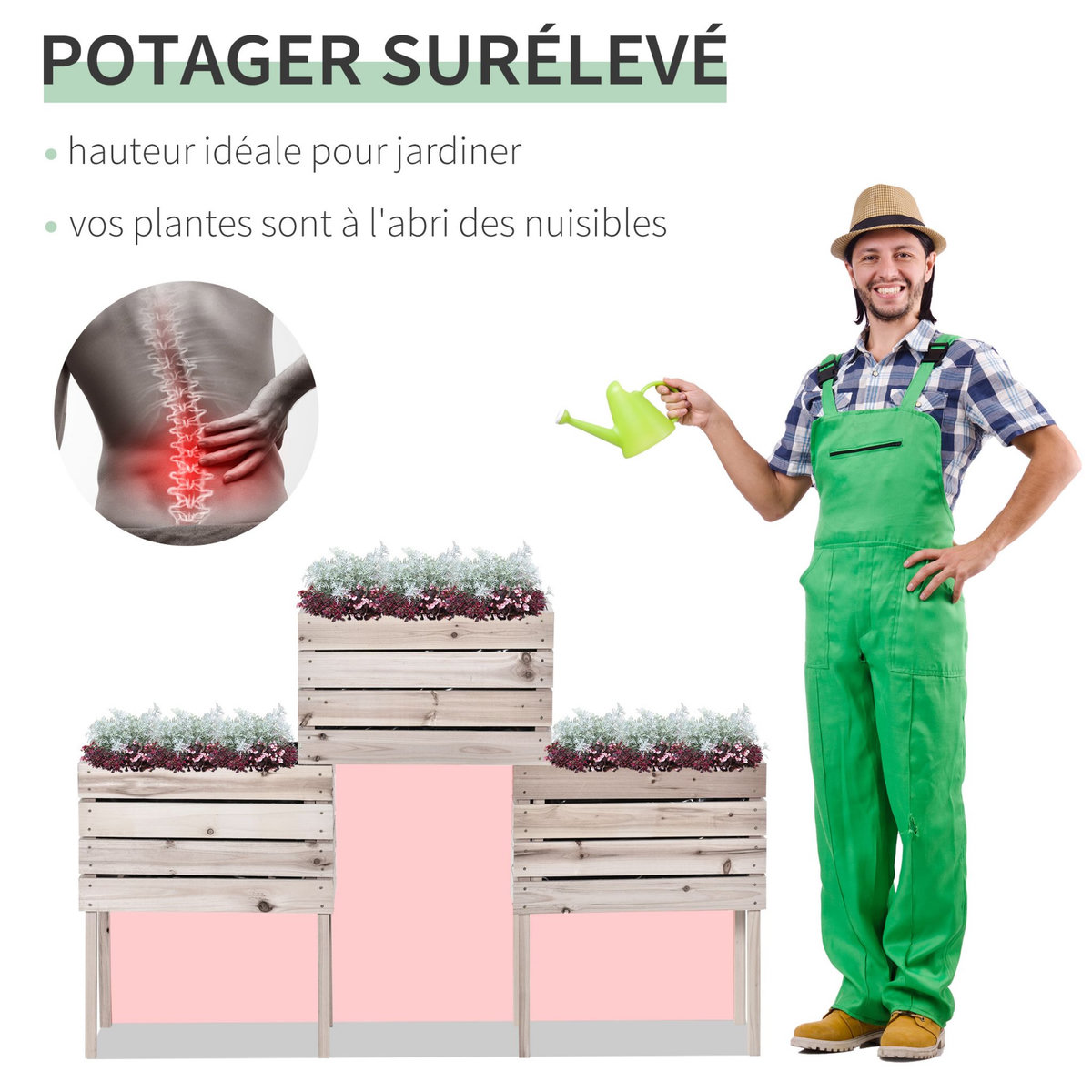 OUTSUNNY Jardinières sur pieds carrés potagers - lot de 4 jardinières sur pied modulables - dim. 50L x 30l x 60H cm - inserts d'irrigation film protecteur - bois sapin naturel