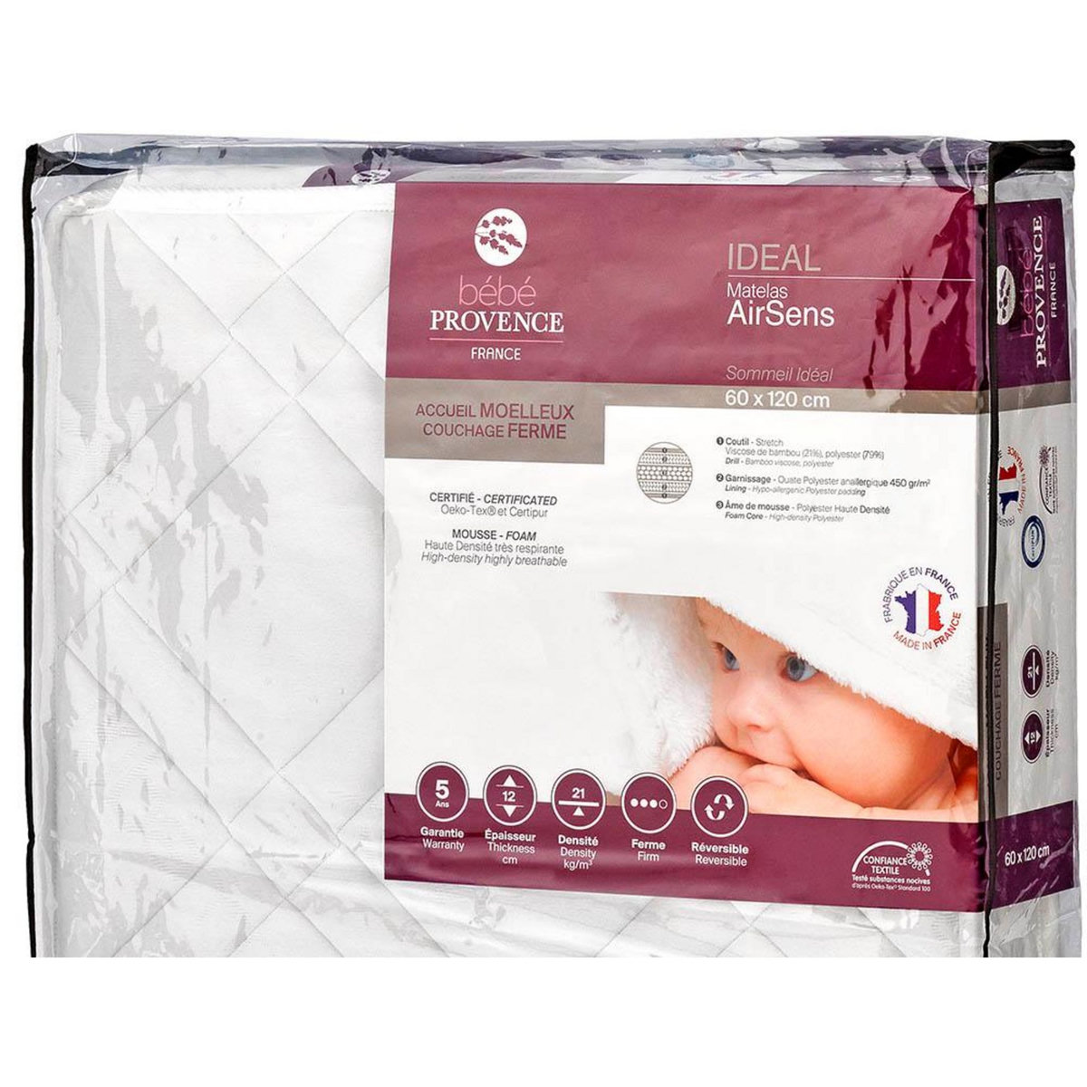 Matelas bébé AIRSENS 60x120 cm viscose de bambou anti allergique