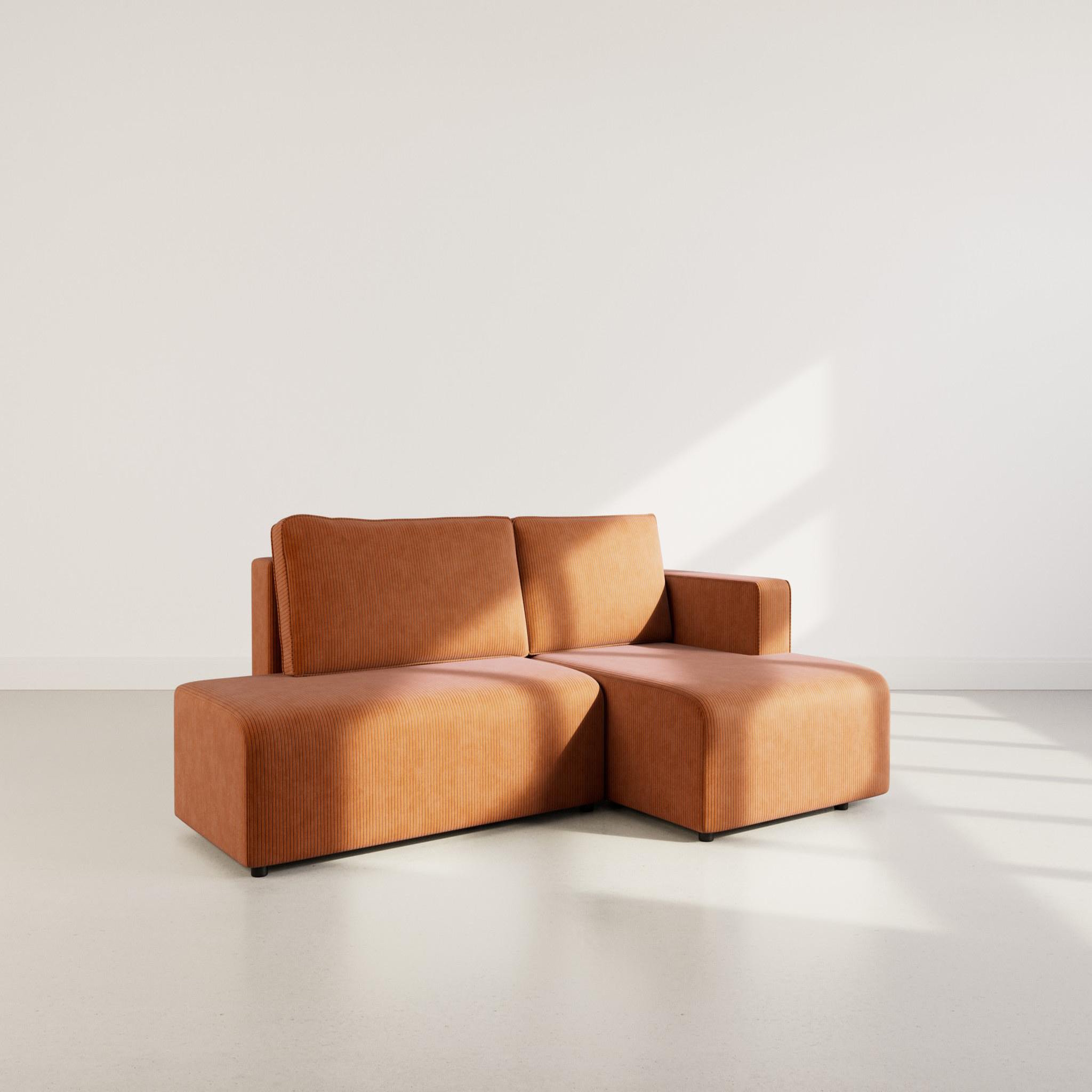 BEST MOBILIER Topaze - canapé d'angle droit 4 places convertible avec coffre en velours côtelé. Coloris disponibles : Orange, Noir, Vert, Beige, Gris, Bleu