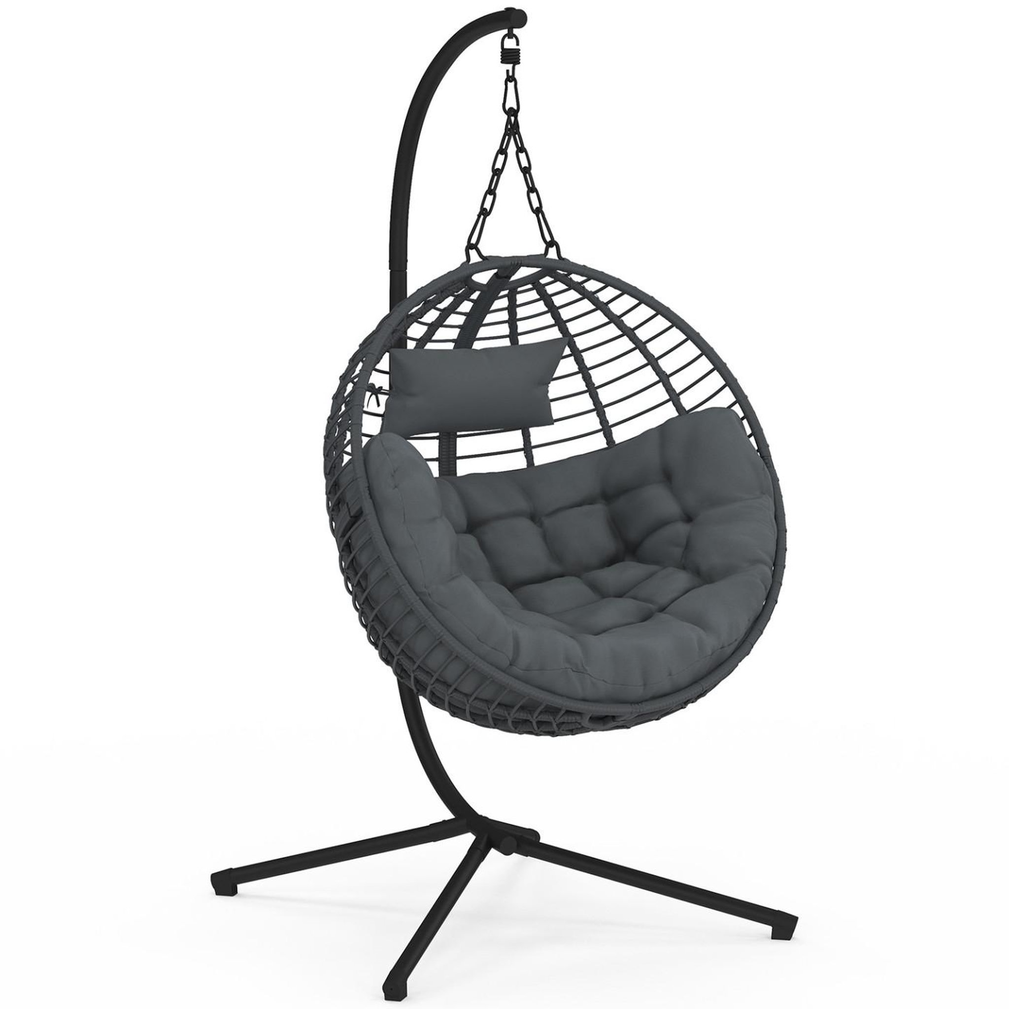 ID MARKET Fauteuil rond suspendu ajouré effet rotin gris avec coussin gris