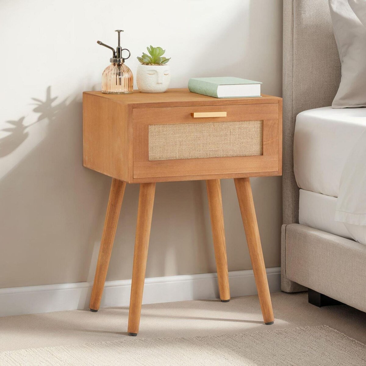 IDIMEX Table de chevet KIRAN 1 tiroir, en bois et lin