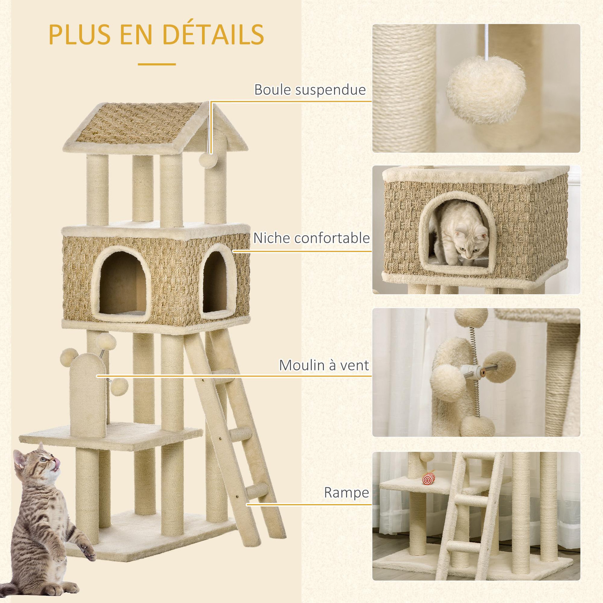 Voir la diapositive 5 : PAWHUT Arbre à chats style cosy chic griffoirs sisal naturel grande niche plateforme échelle jeu boules tourniquet peluche courte cordes d'algues tressées