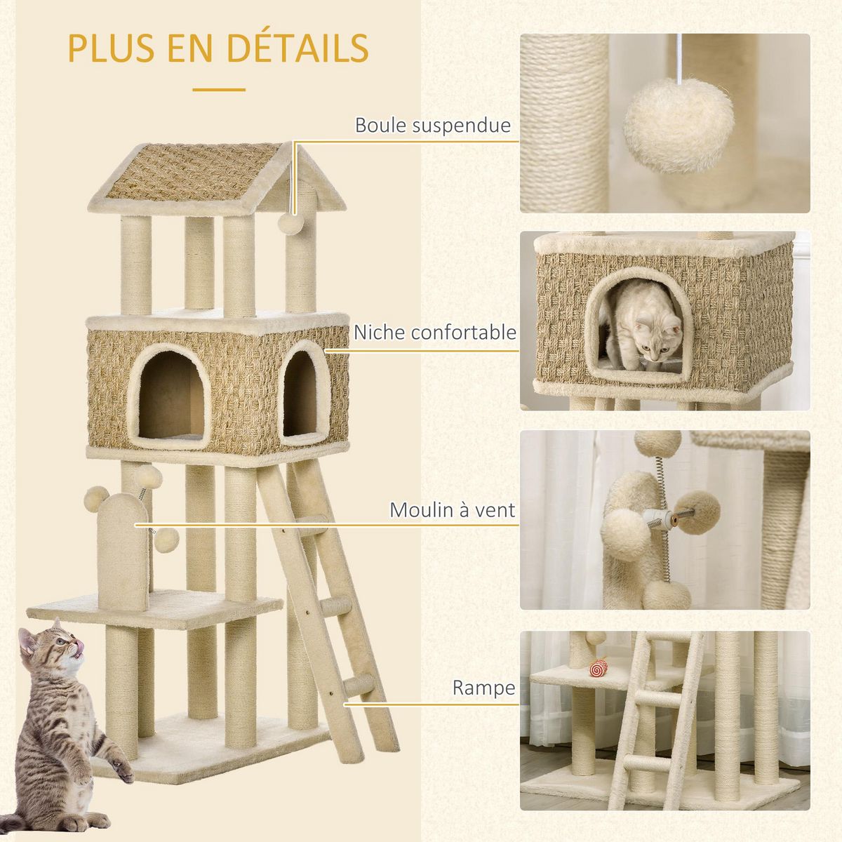 PAWHUT Arbre à chats style cosy chic griffoirs sisal naturel grande niche plateforme échelle jeu boules tourniquet peluche courte cordes d'algues tressées