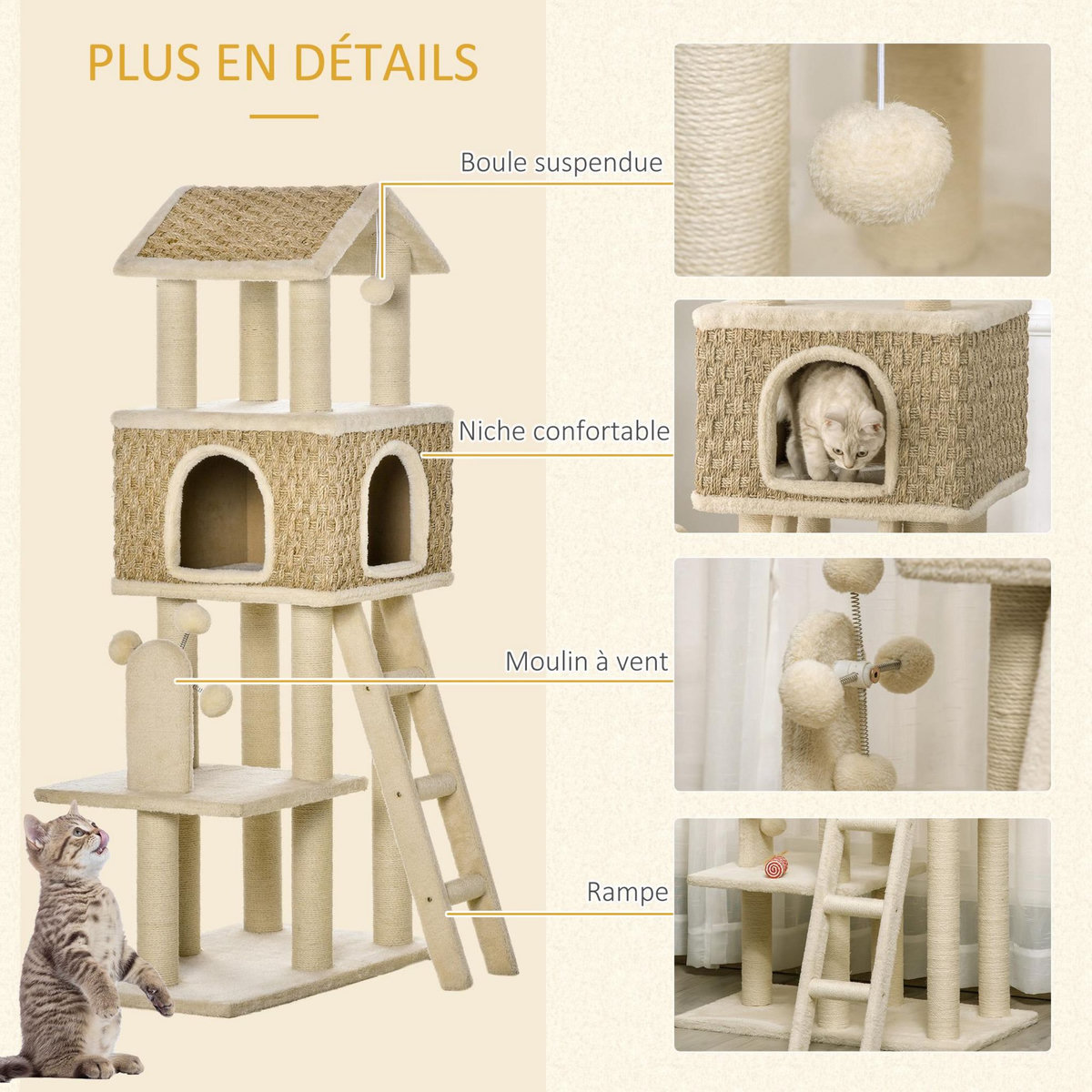 PAWHUT Arbre à chats style cosy chic griffoirs sisal naturel grande niche plateforme échelle jeu boules tourniquet peluche courte cordes d'algues tressées