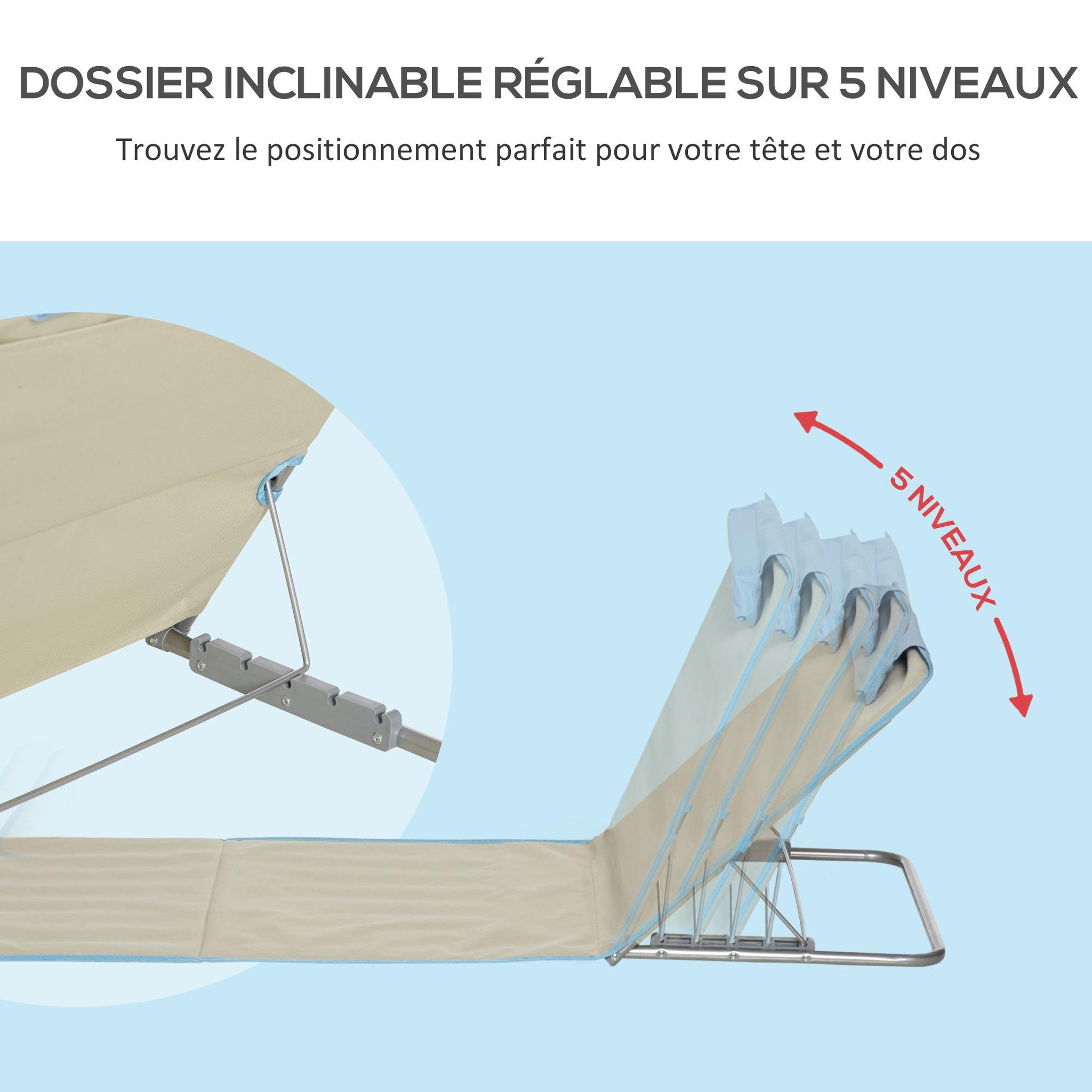 Voir la diapositive 4 : OUTSUNNY Lot de 2 tapis de plage rembourrés - dossier inclinable 5 positions - sac transport inclus - acier polyester beige