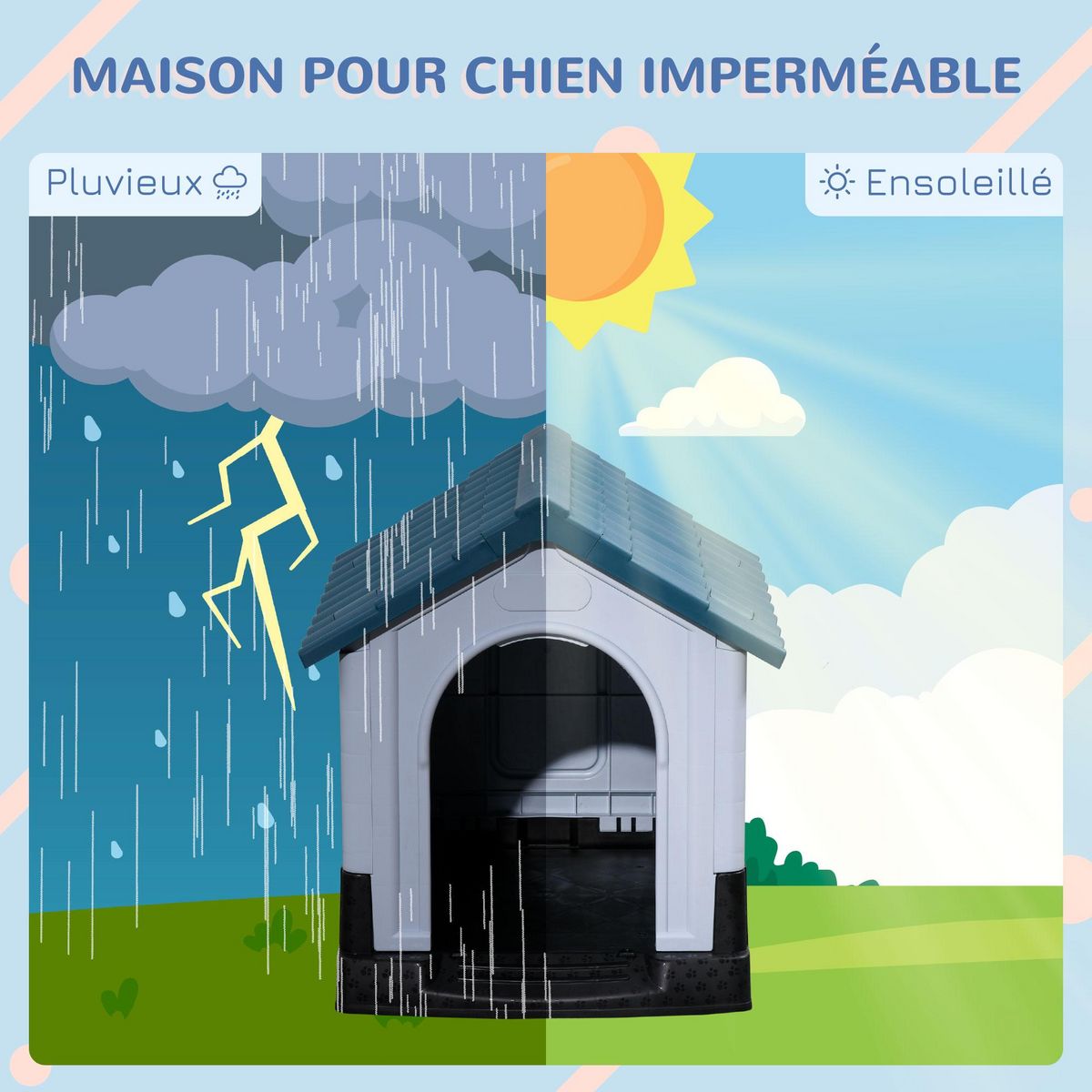 PAWHUT Niche pour chien - dim. 64L x 57l x 66H cm - PP bleu blanc