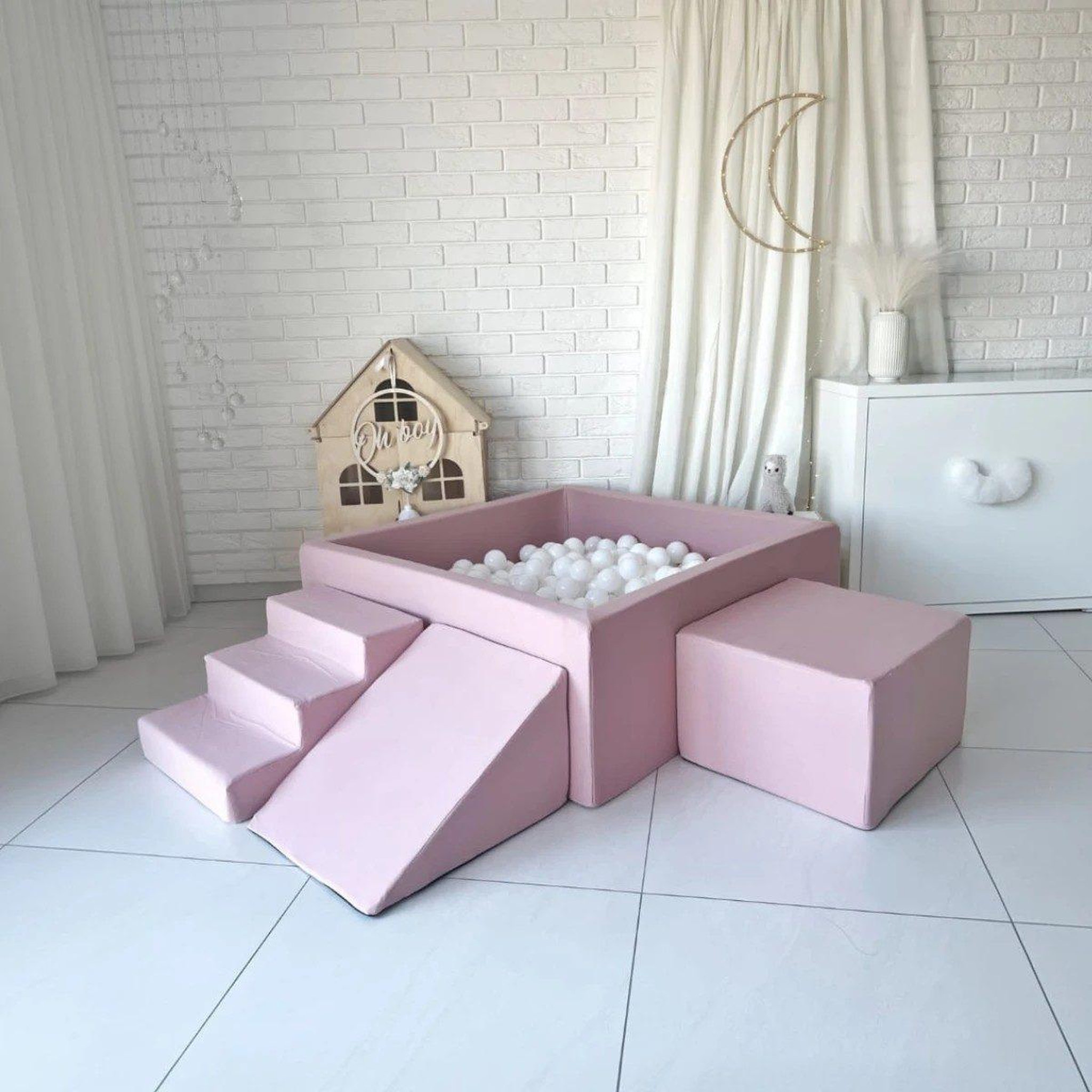 MONIO FOR KIDS Piscine à balles carrée 106 x 106 x 40 cm avec modules en mousse avec 400 balles — Powder pink