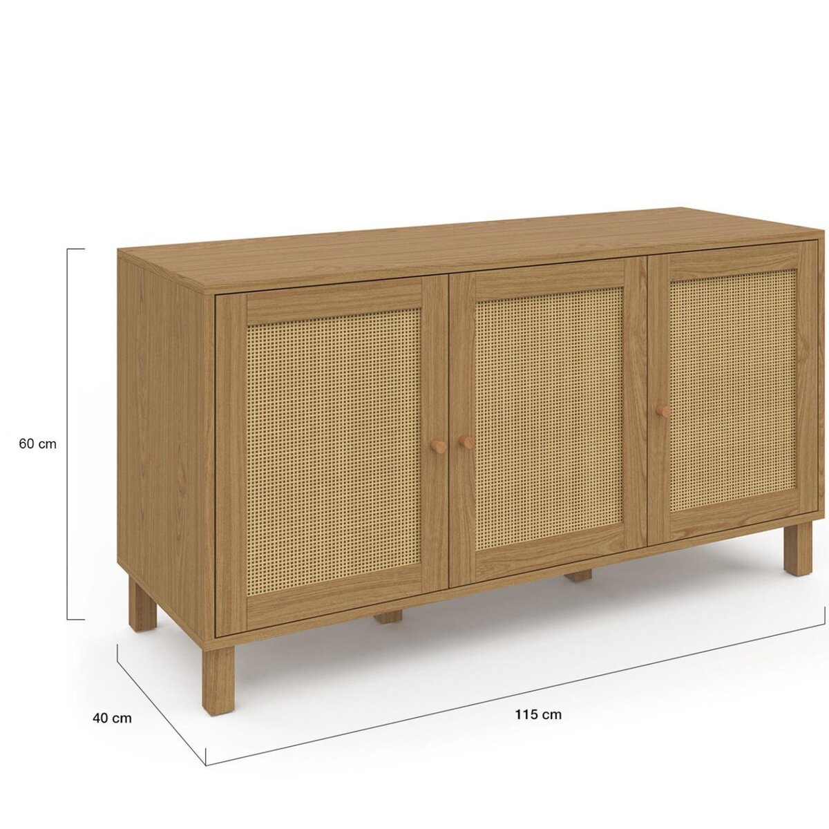 ID MARKET Buffet bas vintage 113 cm HANAE 3 portes effet naturel cannage